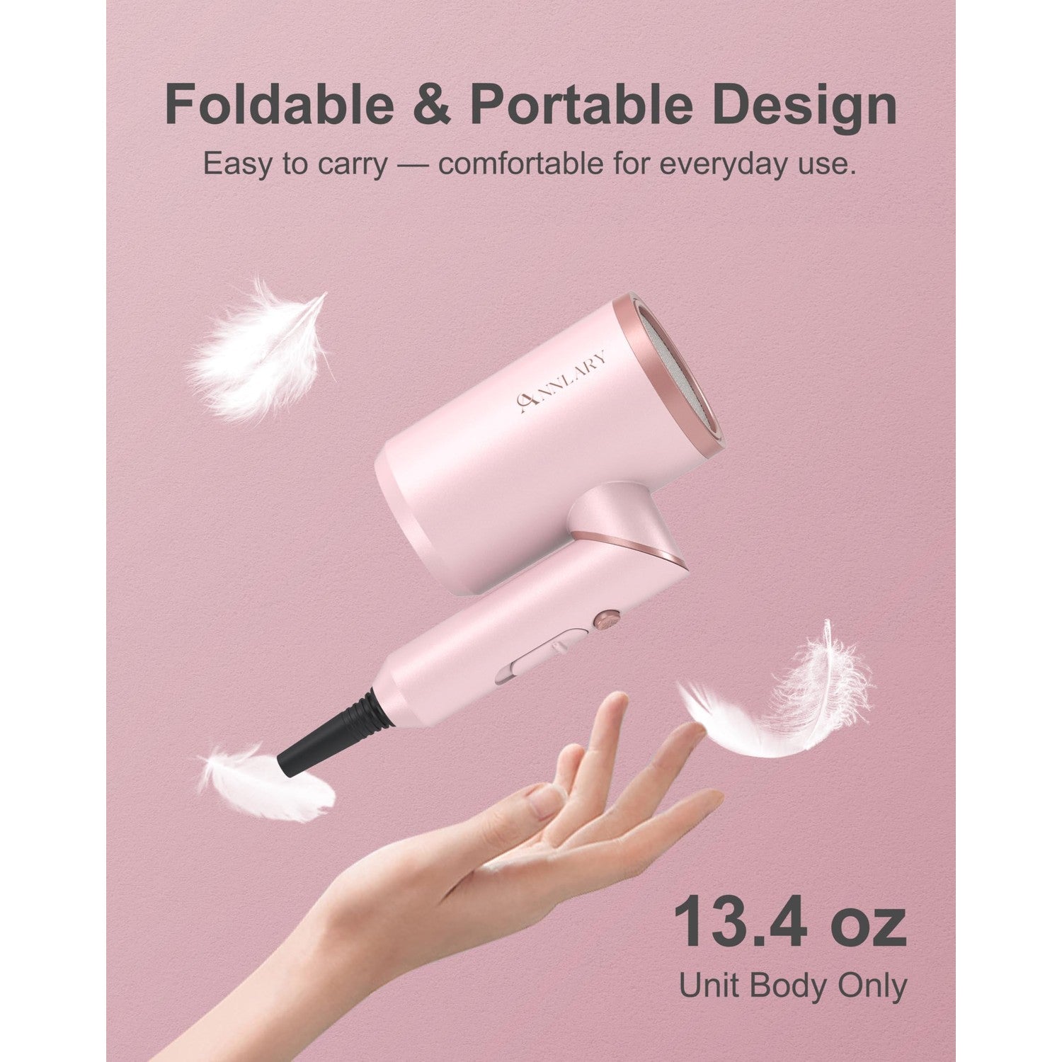ANNLARY Hair Dryer with Comb, ANNLARY 1800W Blow Dryer with Diffuser for Curly Hair, Plasma Ionic Hair Dryer for Frizz Control, Foldable Portable Low Noise Hairdryer, 6.5 ft ALCI Cord （Pink）
