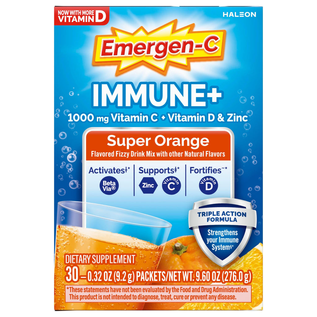 Emergen-C Immune+ Triple Action Immune Support Powder, Super Orange, 30 ct | With BetaVia (R), 1000mg Vitamin C, B Vitamins, Vitamin D and Antioxidants, Super Orange, Back to School Essentials