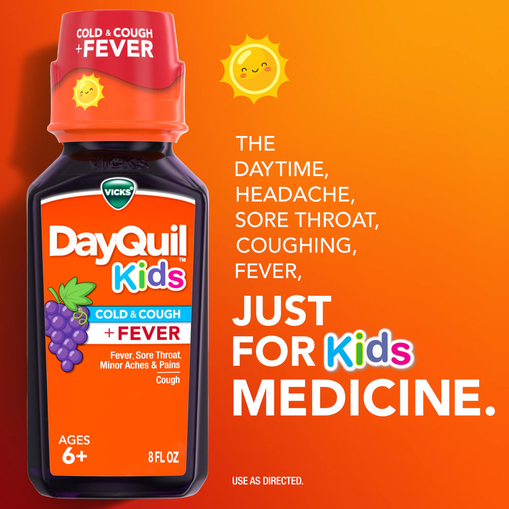 Buy now VICKS DayQuil and NyQuil Kids Grape Cold & Cough + Fever Multi-Symptom Relief Liquid Co-Pack, Specially Formulated for Kids Ages 6+, 2x8 OZ at indiglob india