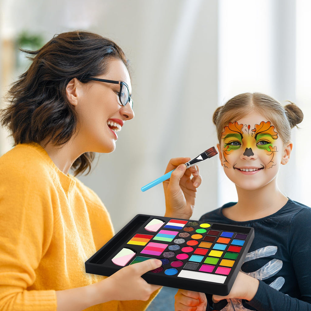 Mocoosy 41 Color Face Painting Kit for Kids, Non-Toxic Water Activated Face Paint Palette With Stencils, Brushes, Gem, Professional Facepainting Kit for Halloween Makeup, Cosplay Party, Carnival