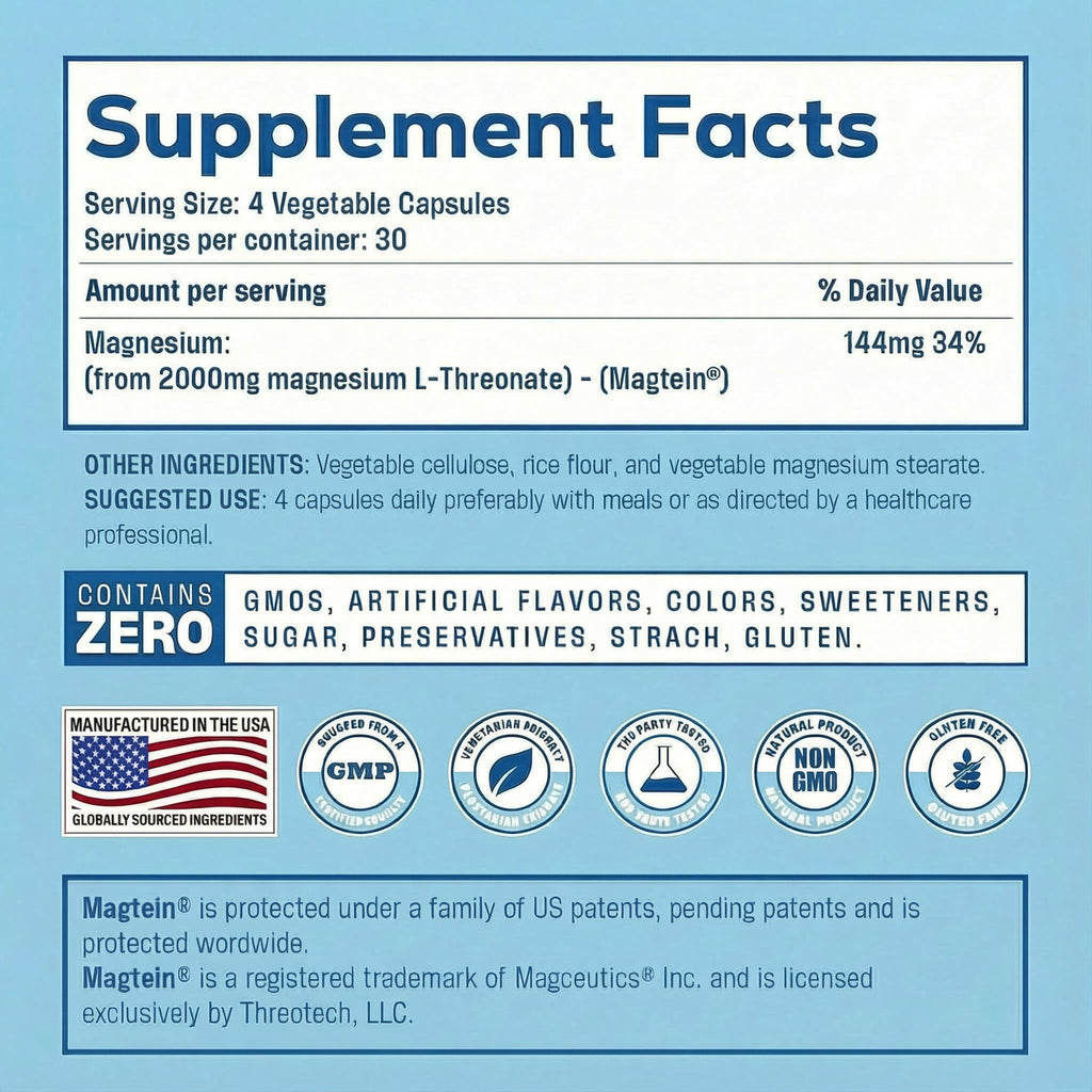 Magnesium L Threonate, Magtein, Brain Supplement for Memory, Focus, Sleep and Cognitive Support, High Absorption Magnesium L-Threonate, Non-GMO, No Laxative Effect – 2,000 mg, 120 Vegan Capsules