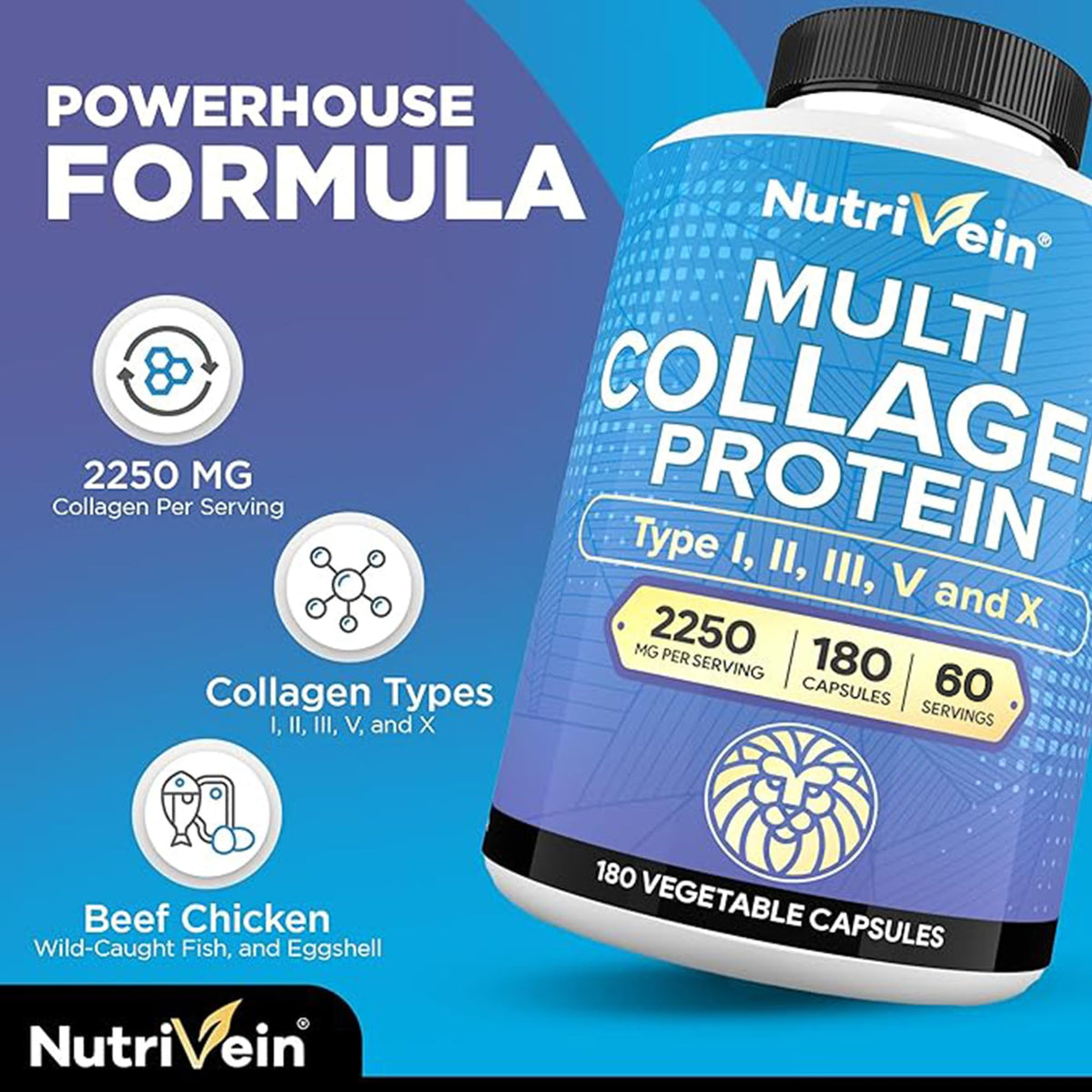 Nutrivein Premium Multi Collagen Capsules – 2250mg - 180 Caps