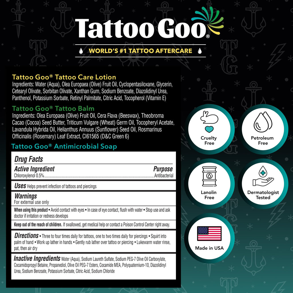 Tattoo Goo Tattoo Aftercare Kit, 3 Piece Set, Includes Antimicrobial Soap, Tattoo Balm & Healing Lotion, Main Vibrant Color & Glow, Complete Kit for Fresh Ink, Ongoing Ink Maintenance & Piercing Care