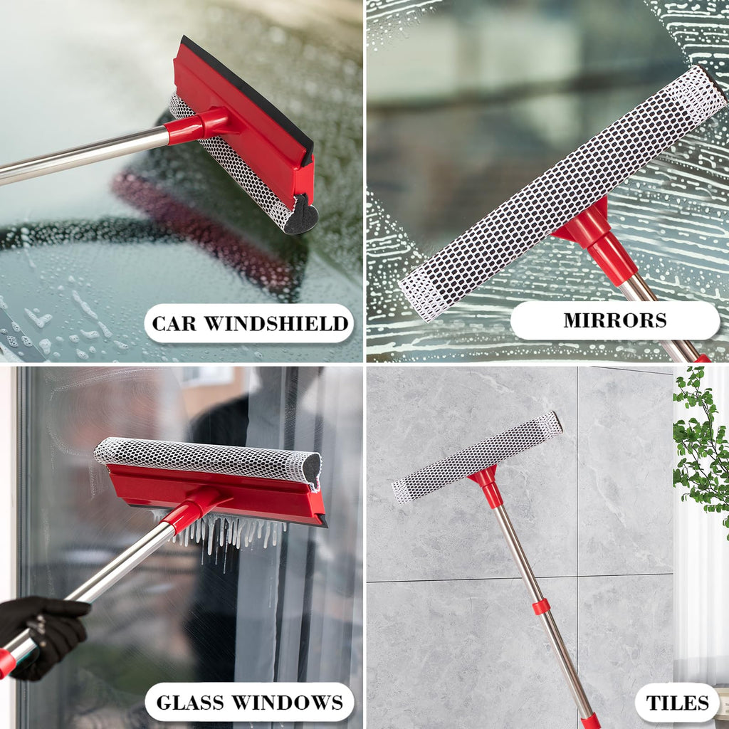 Window Squeegee with 15.7"-27.5" Retractable Stainless Steel Handle, 2-in-1 Windshield Cleaner Tool for Cars, Trucks, Glass Doors, Shower Glass, Outdoor Windows – Window Cleaner (Red)