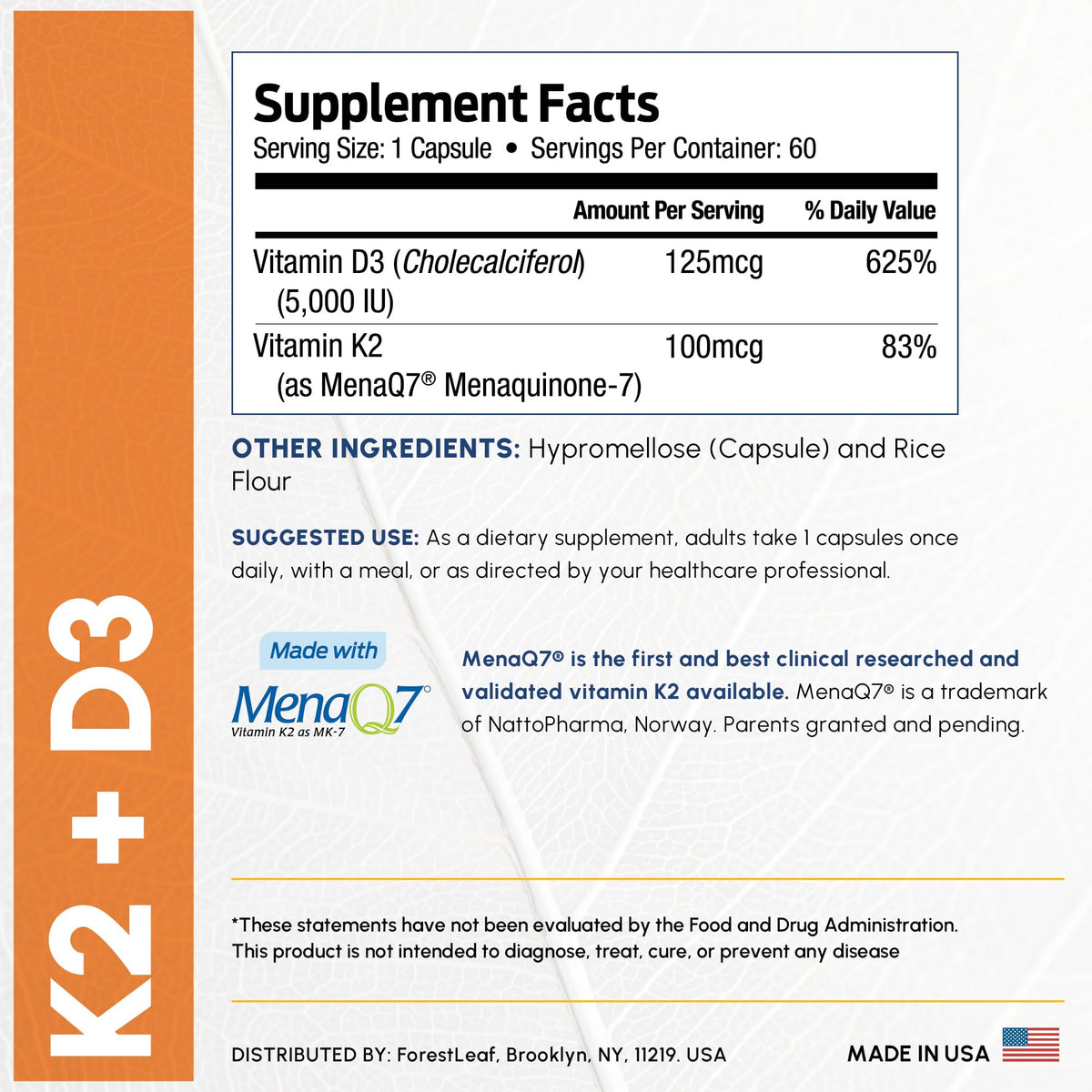 ForestLeaf Vitamin D3 + K2 (MK7) Supplement - MenaQ7 - Calcium and Vitamin D3 5000 IU Max Absorption - Teeth and Bone Strength, Heart Health, Immune System Support - 60 Veggie Capsules