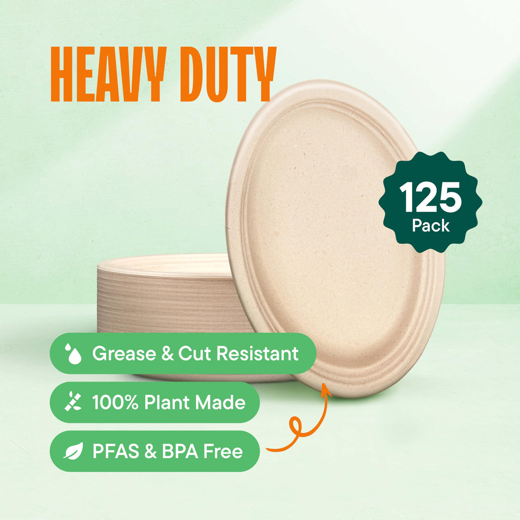 Stack Man 12 Inch Oval Paper Plates Heavy Duty Disposable - [125-Count] Biodegradable Sugarcane Bagasse Platters, Perfect for Thanksgiving Turkey & BBQ, Microwave Safe, PFAS-Free Sturdy Eco-Friendly