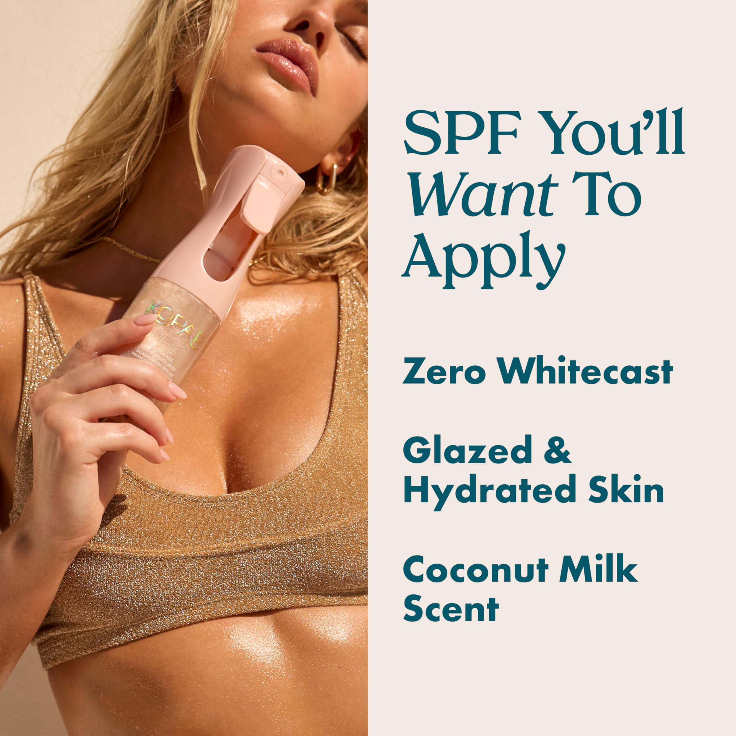 Kopari Rose Gold Sunglaze Sheer Body Mist Sunscreen SPF 42, Infused with Shimmering Body Oil, Hydrating Mist, Hydrates, Brightens, Makeup Friendly, Gives Skin a Glowy Finish, Lightweight,
