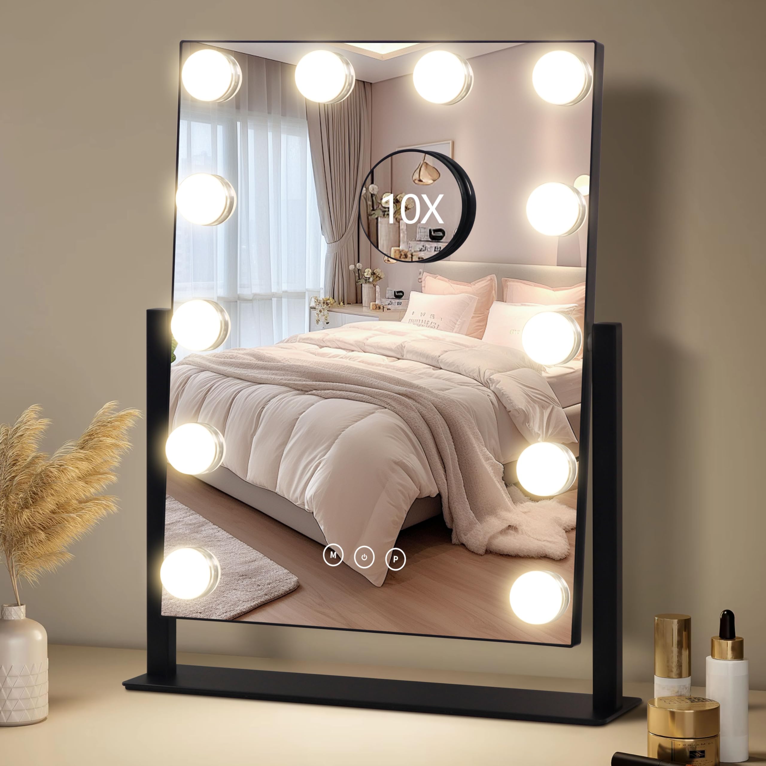 Vanity Mirror with Lights,Makeup Mirror with Lights with 9 Dimmable LED Bulbs, 3 Color Lighting Modes Detachable 10X Magnification Mirror Touch Control,360°Rotation