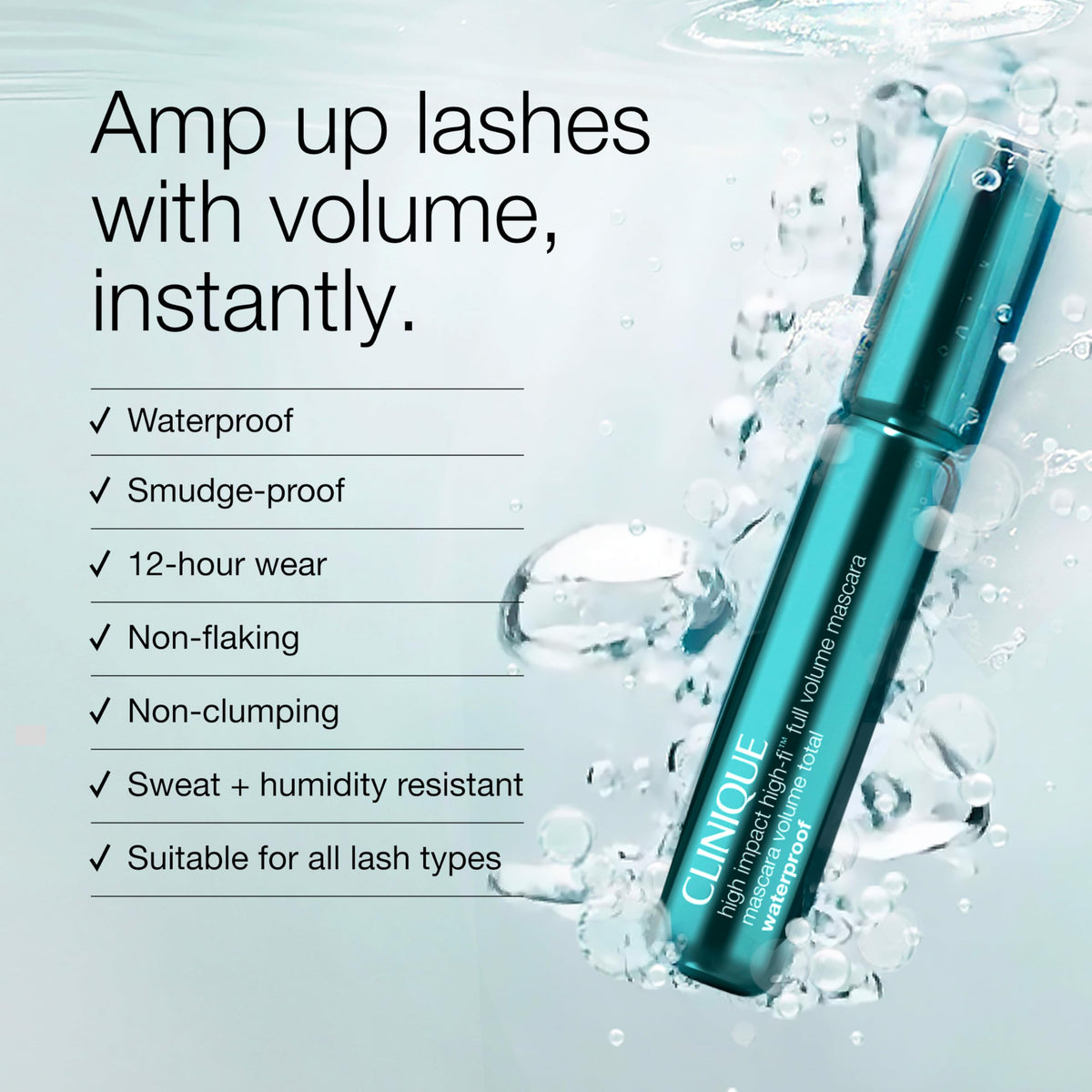 Clinique High Impact High-Fi Full Volume Waterproof Mascara | Volume, Length, Non-Clumping, Smudge-Proof + Safe For Sensitive Eyes, Black