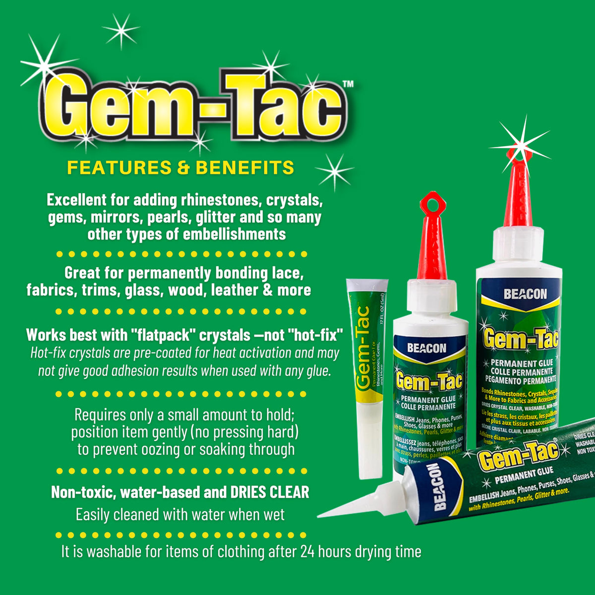BEACON Gem-Tac Premium Quality Adhesive for Securely Bonding Rhinestones and Gems - Water-Based, UVA Resistant, 2-Ounce