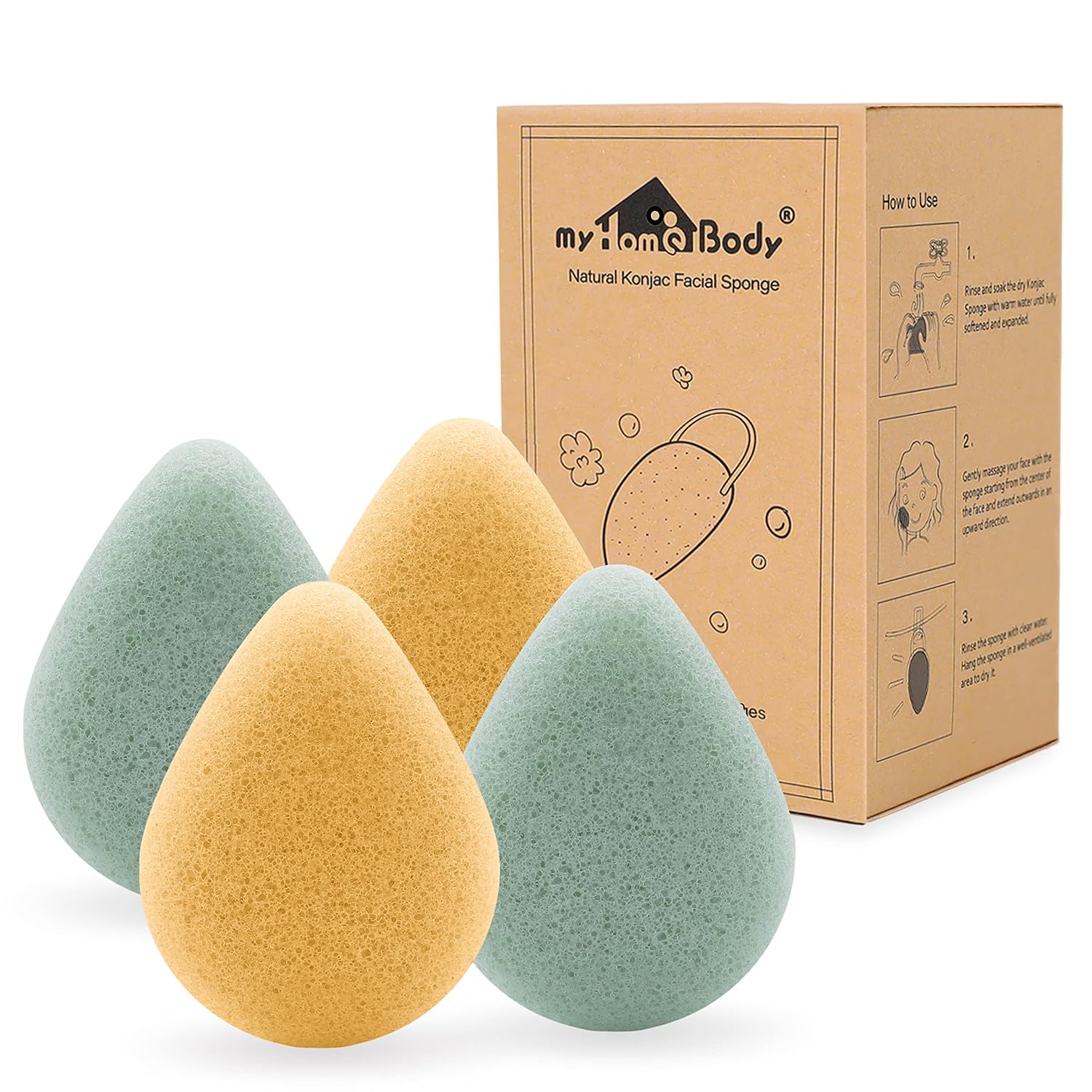 Buy now myHomeBody Natural Konjac Facial Sponges â€“ Teardrop Shape - for Gentle Face Cleansing and Exfoliation - with Activated Charcoal and Aloe Vera, Set of 4 2 Turmeric Yellow, 2 Aloe Green at indiglob india