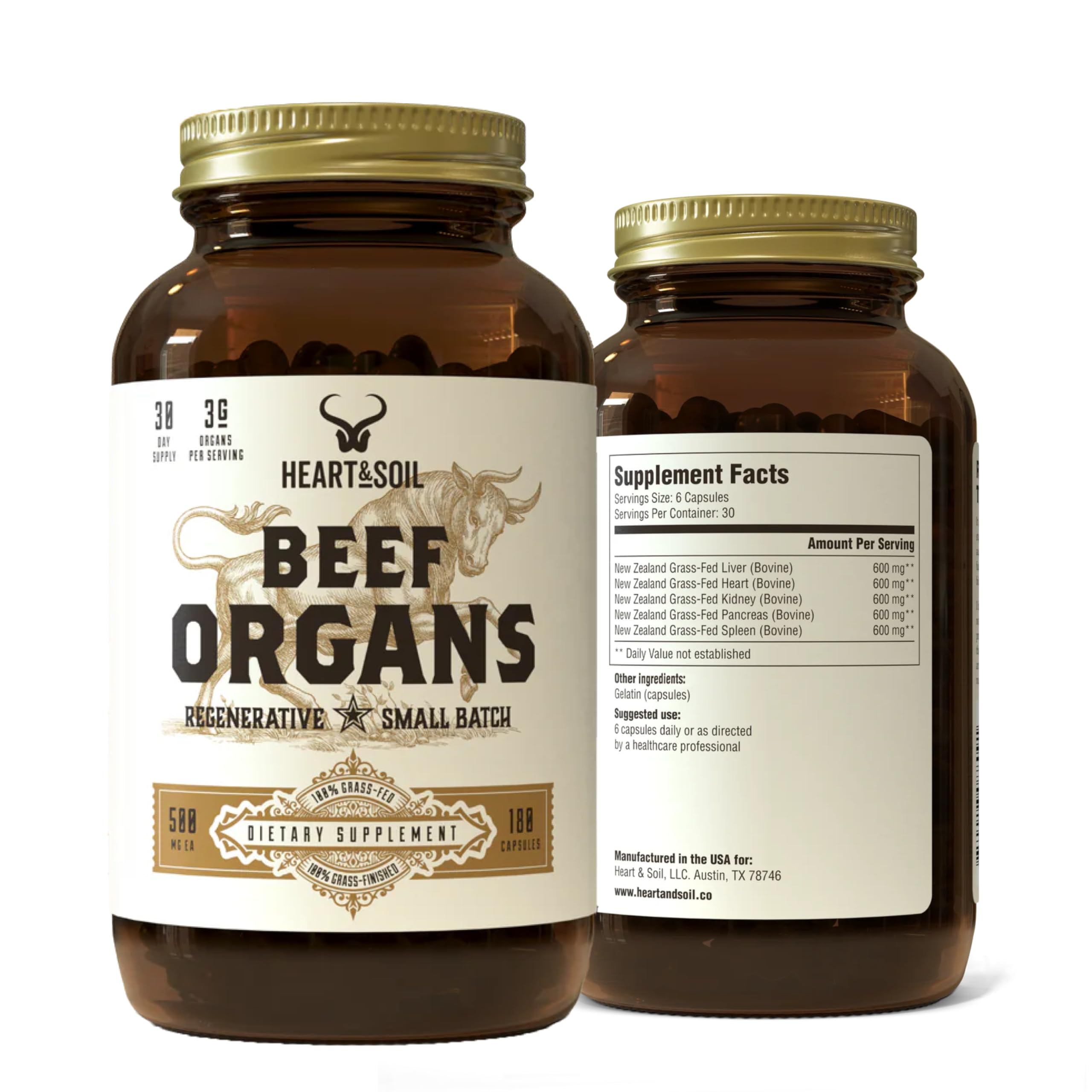 HEART & SOIL Pure American Beef Liver, 180 Capsules | 100% grass fed & finished from pasture-raised cattle. Beef liver capsules, Nature's Ultimate Superfood. Made in USA.