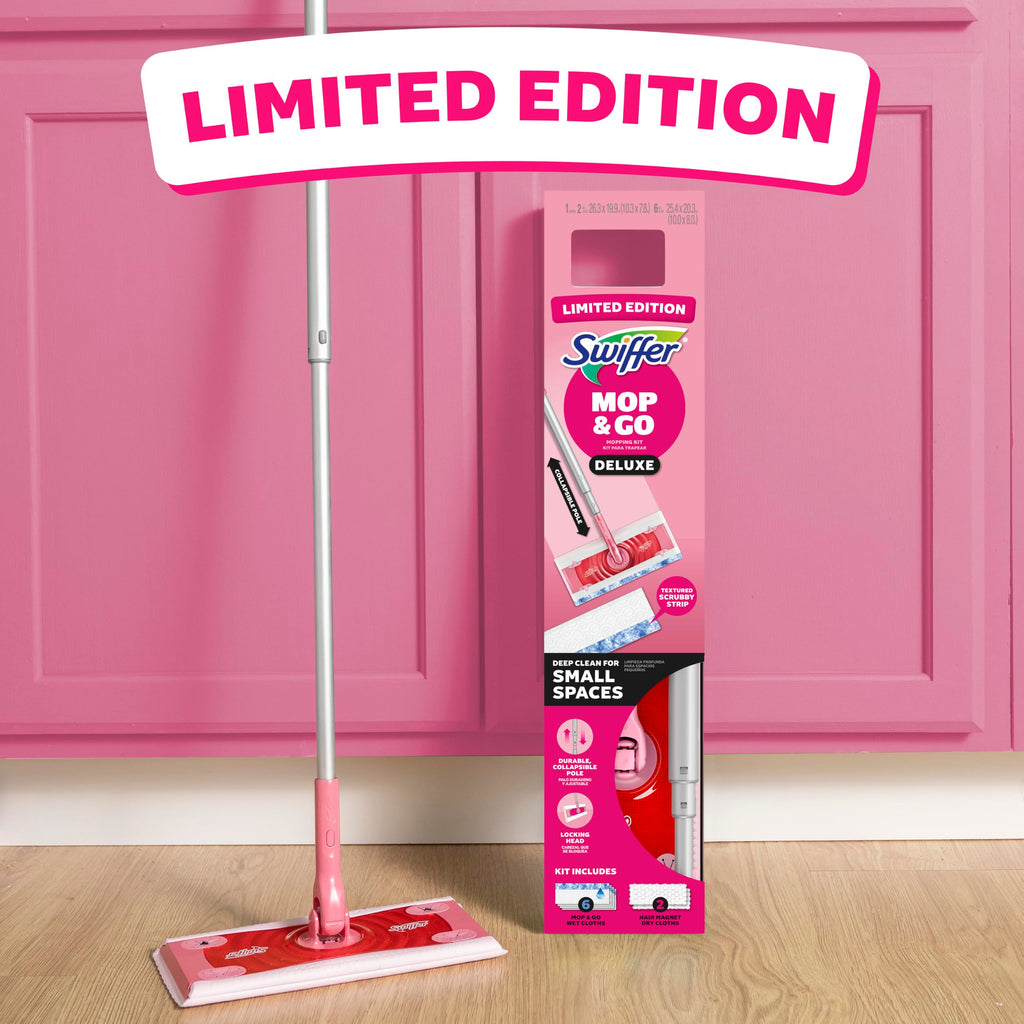 Swiffer Sweep and Mop Deluxe, Limited Edition Pink, 2-in-1 Floor Mopping and Sweeping Kit, Multi-Surface Kit for Floor Cleaning, Includes 1 Sweeper, 5 Heavy Duty Dry Cloths, 3 Heavy Duty Wet Cloths