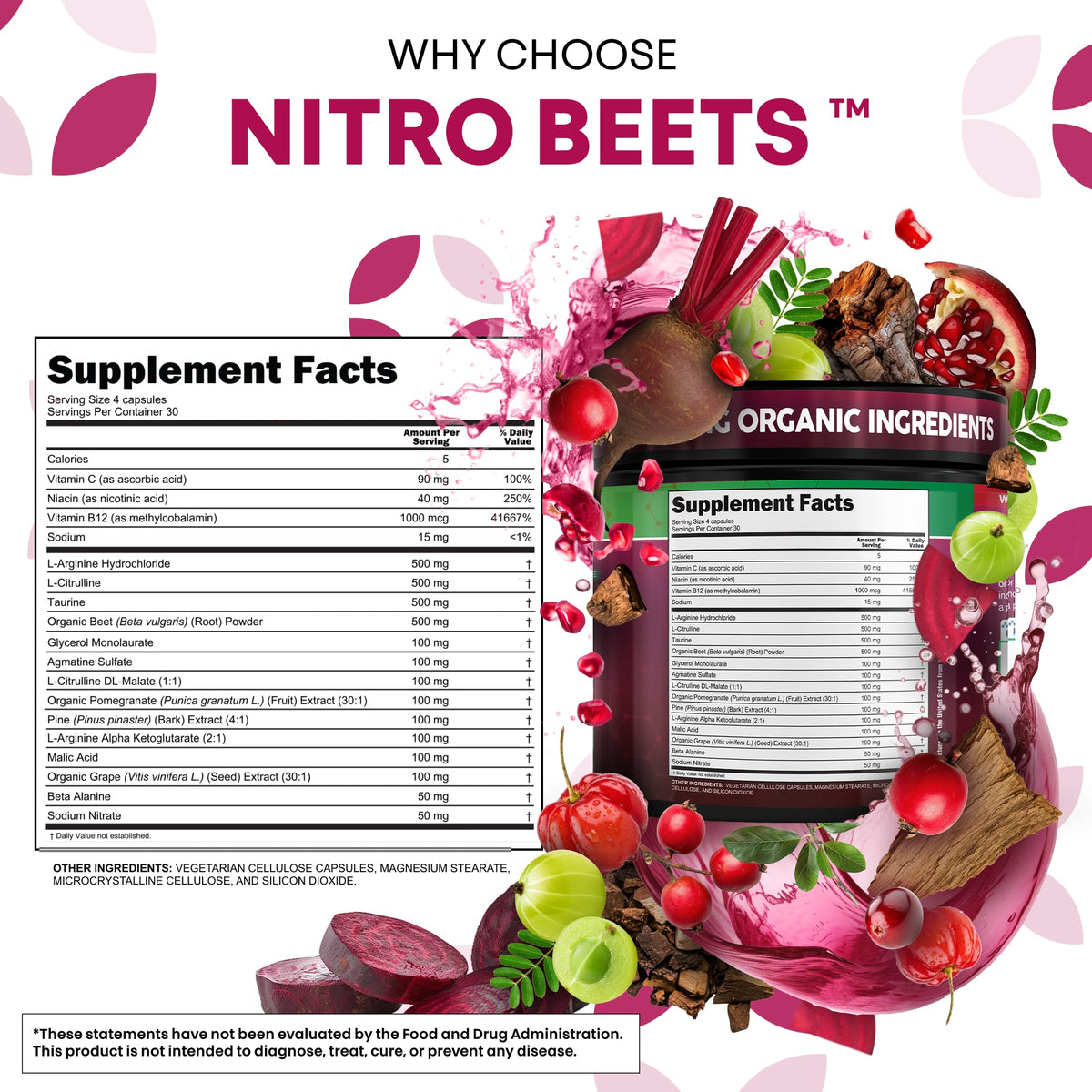 Clean Nutra Organic Beet Root Capsules L Arginine L Citrulline Pine Bark Nitric Oxide Beetroot Powder Arginine Citrulline Supplement Pre Workout Supplements Extract – 120 Vegan Pills