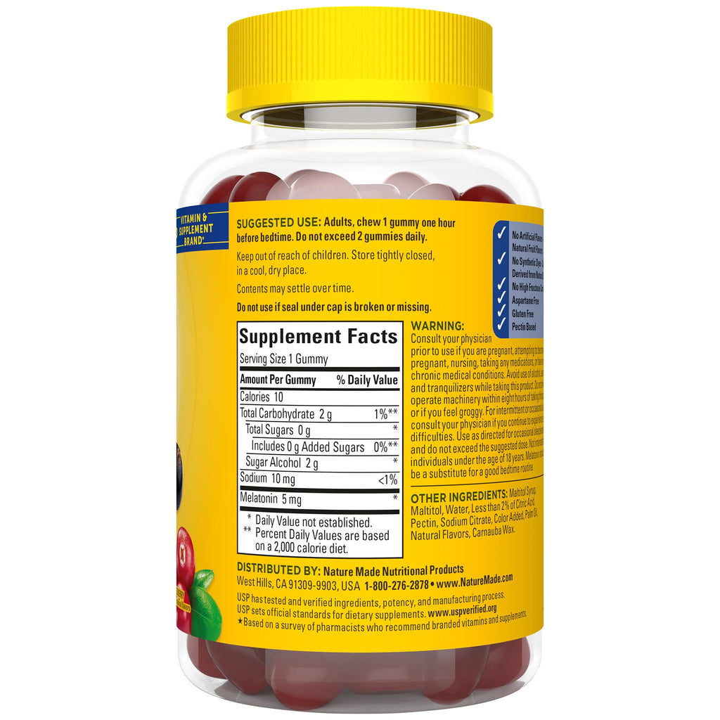 Nature Made Zero Sugar Melatonin 5mg Sleeping Gummies for Adults Extra Strength,100% Drug & Aspartame Free,70 Sugar-Free Melatonin Gummies,70 Day Supply,(Pack of 2)