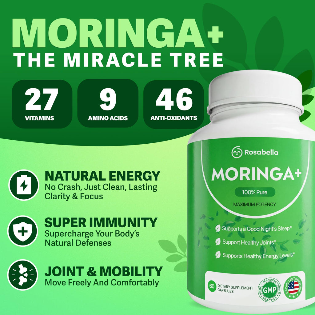 Rosabella Moringa+ Capsules - Pure Moringa Powder, Energy, Skin, Immune & Gut Health Superfood, Rich in Antioxidants, Essential Vitamins & Amino Acids, Natural Green Superfood Supplement - 60 Count