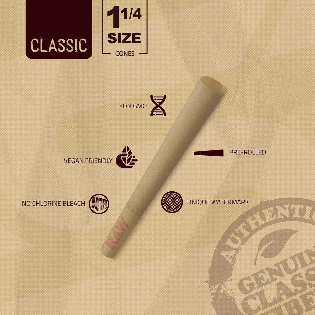 RAW Cones Classic 1-1/4 Size 84mm - 150 Pack Pre Roll Rolling Paper