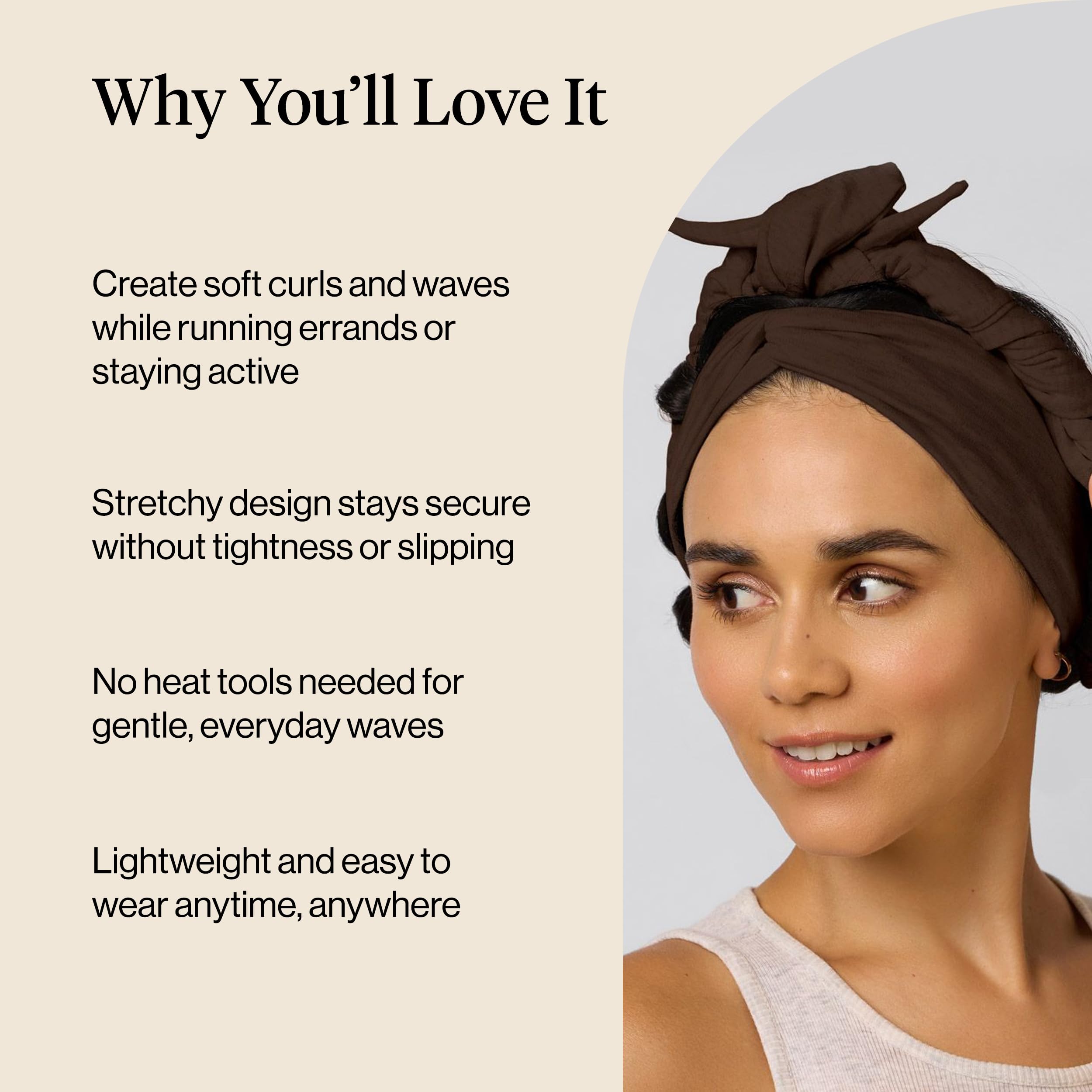 Kitsch Set & Flow Active Heatless Curling Headband For Women - Brown, 1pc | Soft, Breathable Cotton Head Bands For Women's Hair – Stretchy Fit, Achieves Curls Overnight – Gym-To-Glam In Minutes