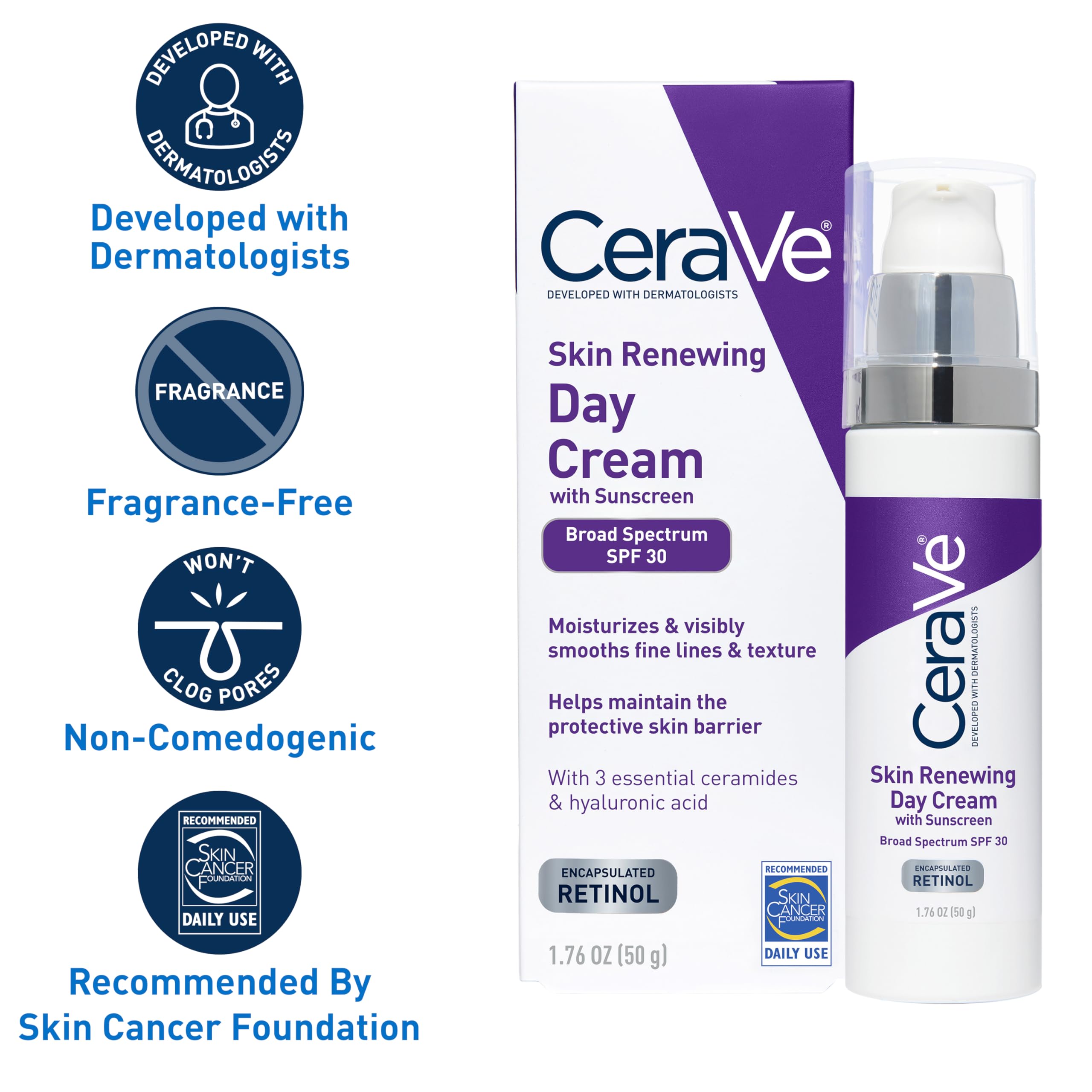 CeraVe Day Cream, Anti-Aging Retinol Face Moisturizer with SPF 30, 1.76oz | Skin Care, Anti Aging Face Cream with SPF 30 and Hyaluronic Acid Hydrates & Uses Encapsulated Retinol To Smooth Skin Texture