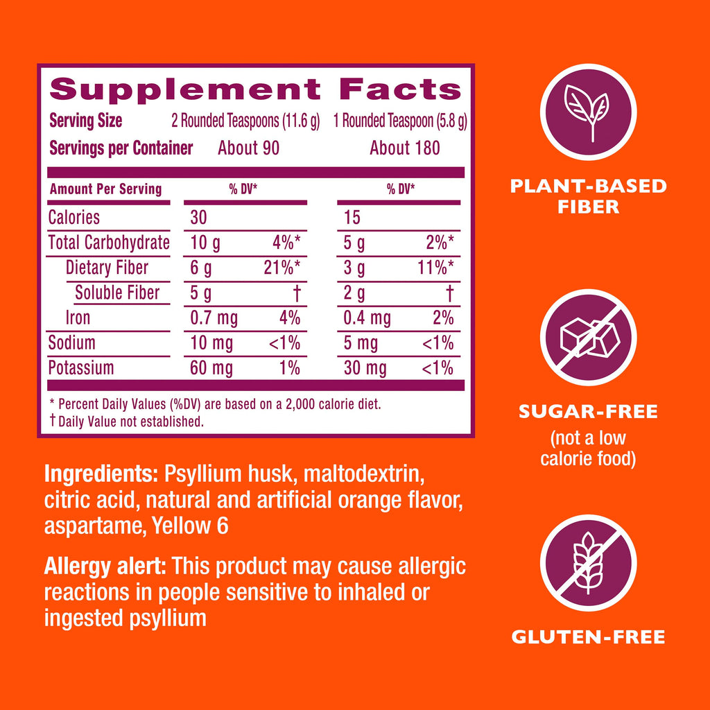 Metamucil 4-in-1 Psyllium Husk GLP-1 Friendly Fiber Supplement, Sugar-Free, 180 teaspoons, Orange Flavored, Daily Fiber Powder for Digestive Health, made with Plant-Based Psyllium Husk Fiber