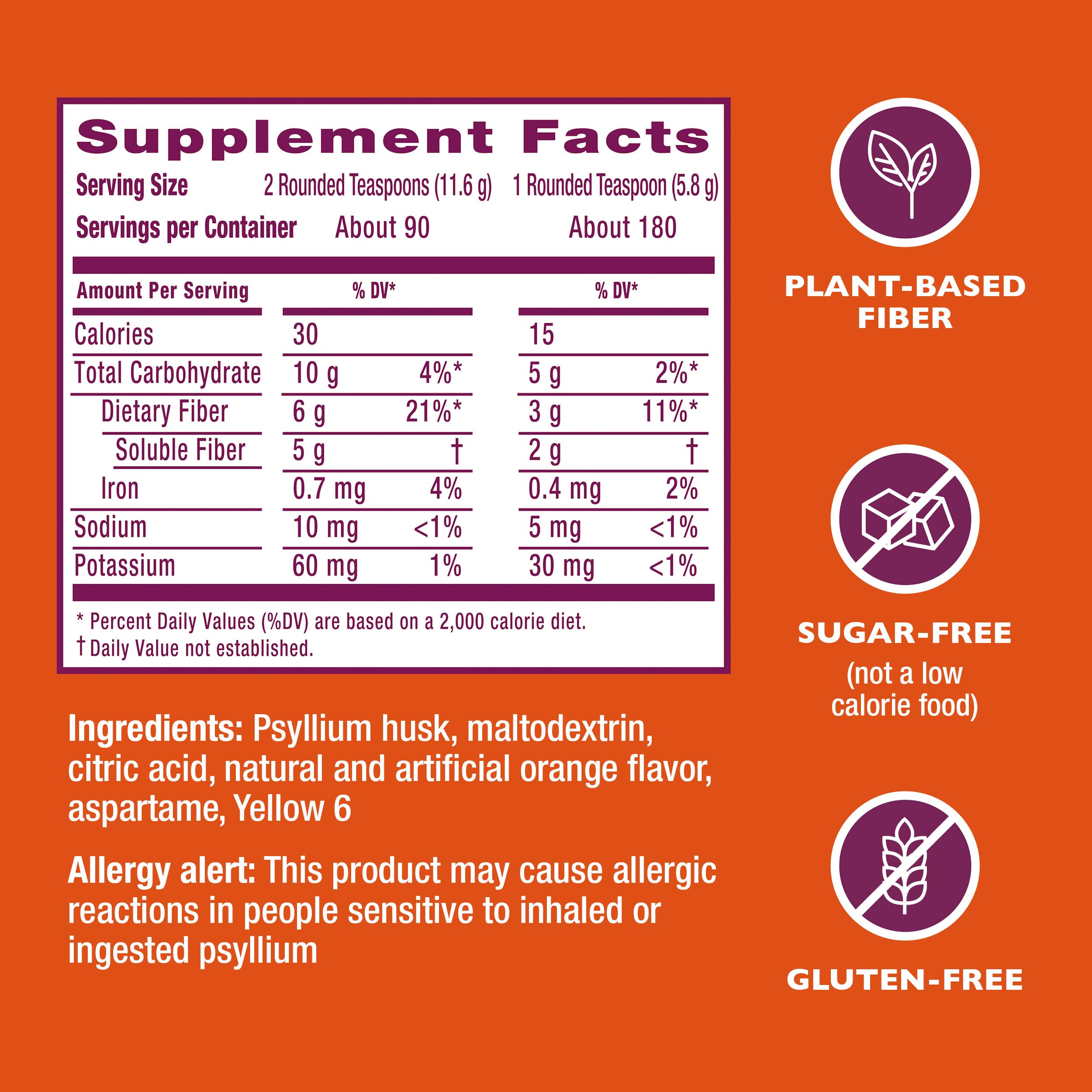 Metamucil 4-in-1 Psyllium Husk GLP-1 Friendly Fiber Supplement, Sugar-Free, 180 teaspoons, Orange Flavored, Daily Fiber Powder for Digestive Health, made with Plant-Based Psyllium Husk Fiber