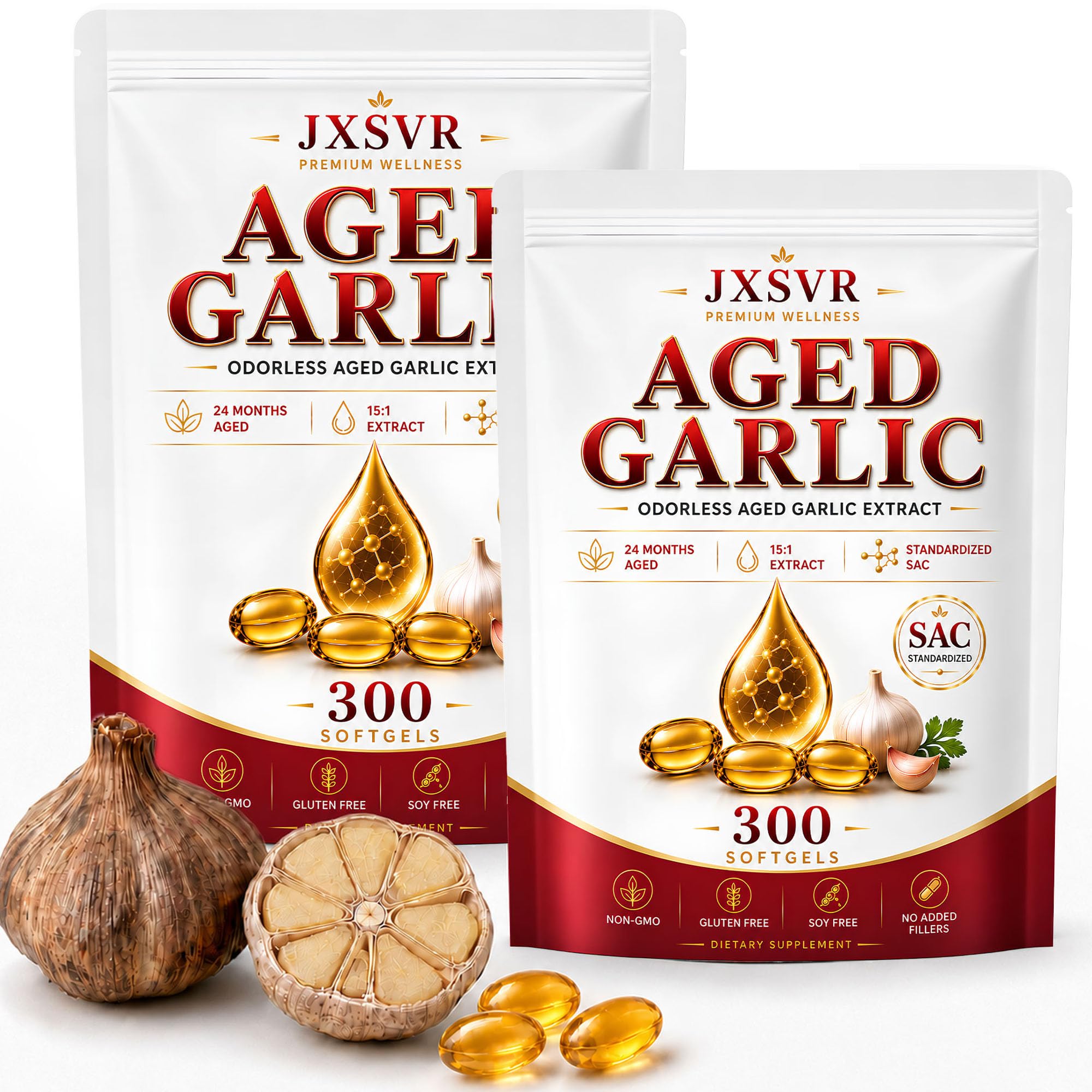 Pure Aged Garlic Extract Softgels, Odorless Garlic Supplement, 24-Month Naturally Aged with Standardized SAC, Heart Health, Immune & Antioxidant Support, 300 Count (2)