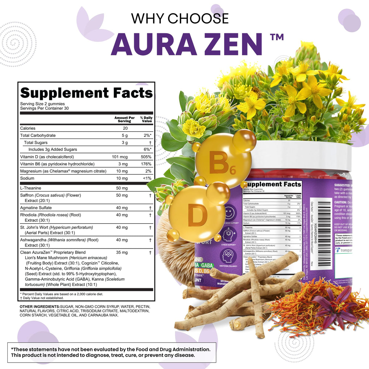 AuraZen Mood Support Saffron Gummies L-Theanine Ashwagandha Rhodiola St John's Wort Lions Mane GABA Vitamin D Magnesium Supplement | Calm Vegan Plant-Based Herbal Gummy By Clean Nutra