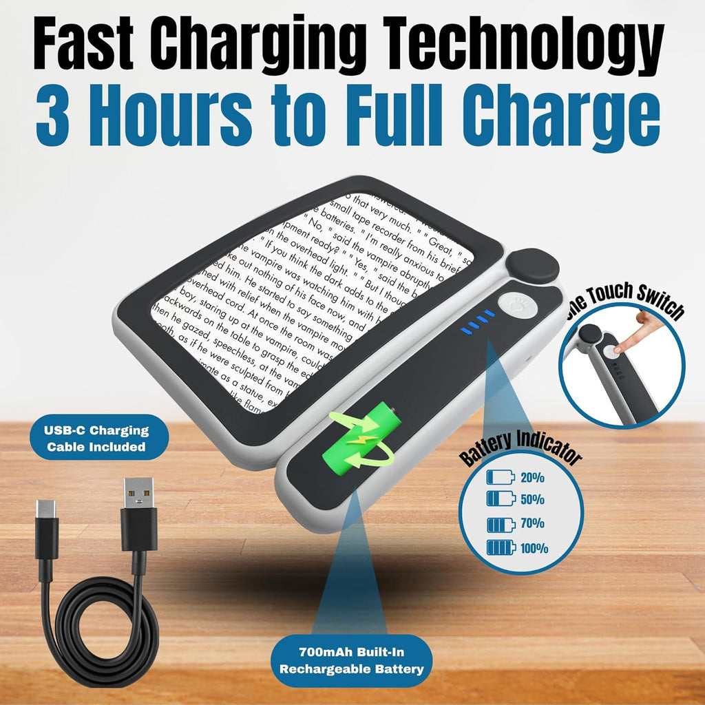 Buy now MAGNIPROS Rechargeable 4X Magnifying Glass with Light for Reading, Large Foldable LED Page Magnifier, Dimmable Handheld Rectangle Magnifier for Seniors, Small Print, Low Vision Books at indiglob india