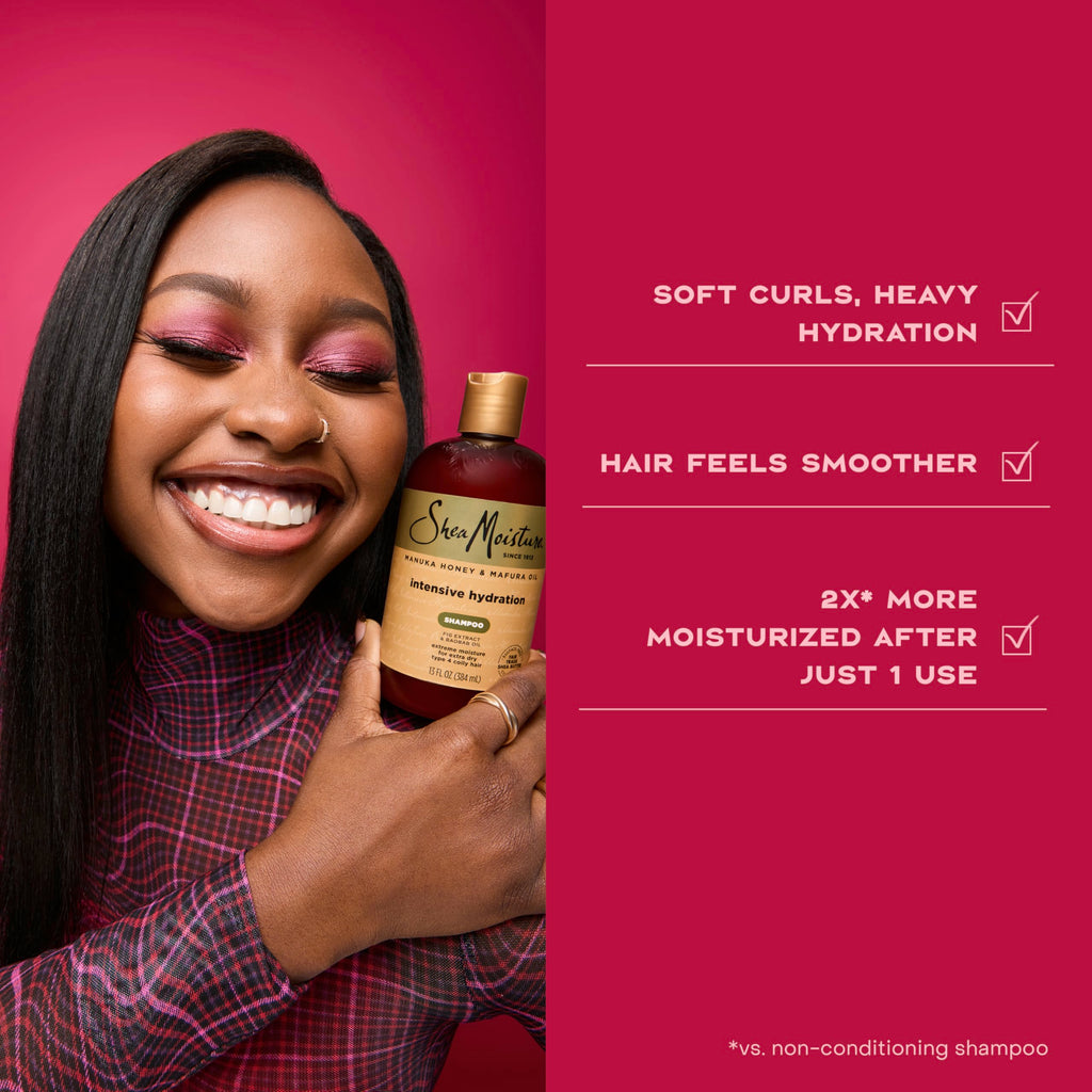 Shea Moisture Intensive Hydration Shampoo for Dry, Damaged Hair Manuka Honey and Mafura Oil Sulfate-Free 13 oz | For extra dry and damaged hair - intensely hydrate and moisturize with Manuka Honey, Mafura Oil, and Fig Extract.
