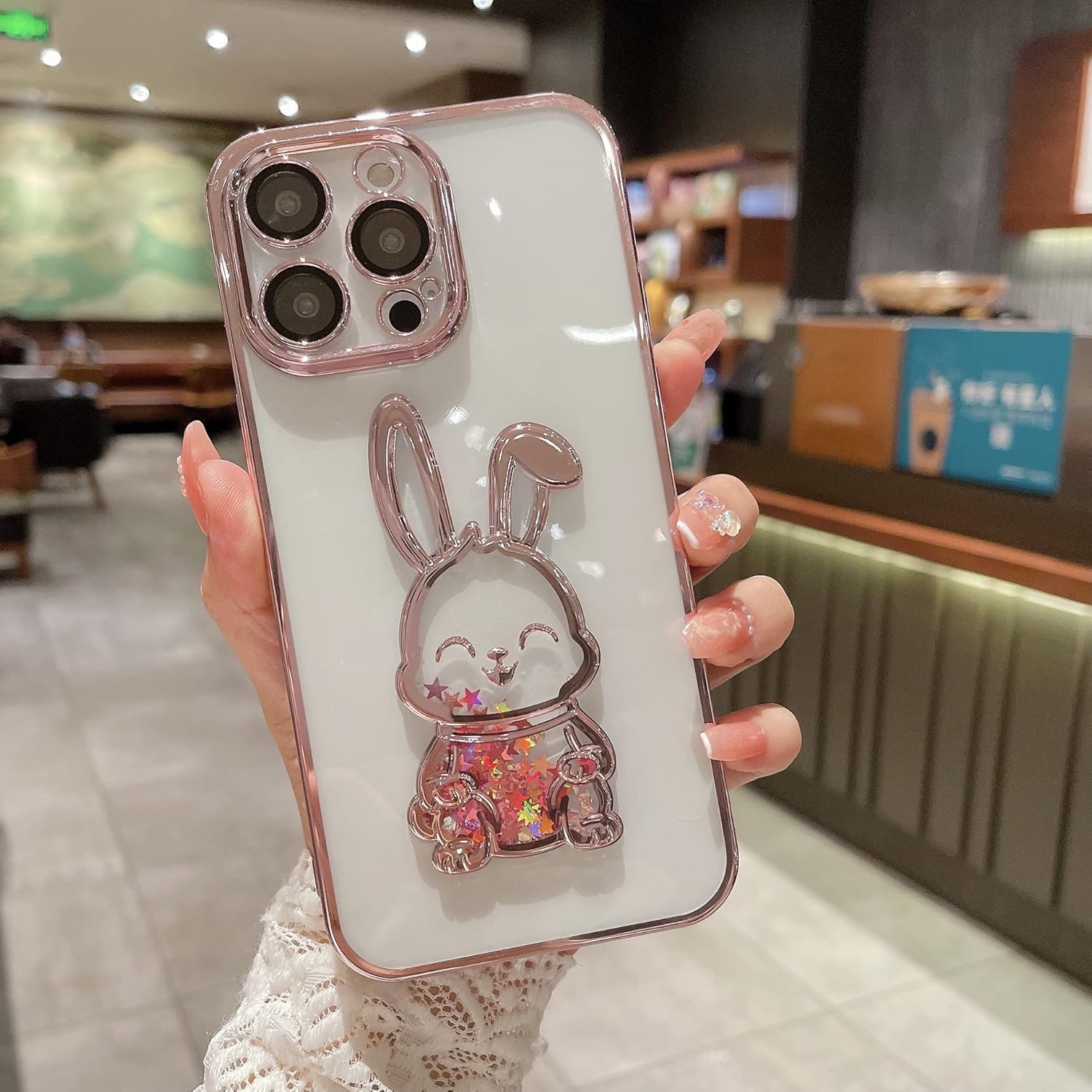 Buy now Compatible with iPhone 15 Pro Max Phone Case with Camera Lens Protector for Women Girls Luxury Electroplated Clear Glitter Quicksand Cute Cover for 15 ProMax (Rabbit Pink) at indiglob india