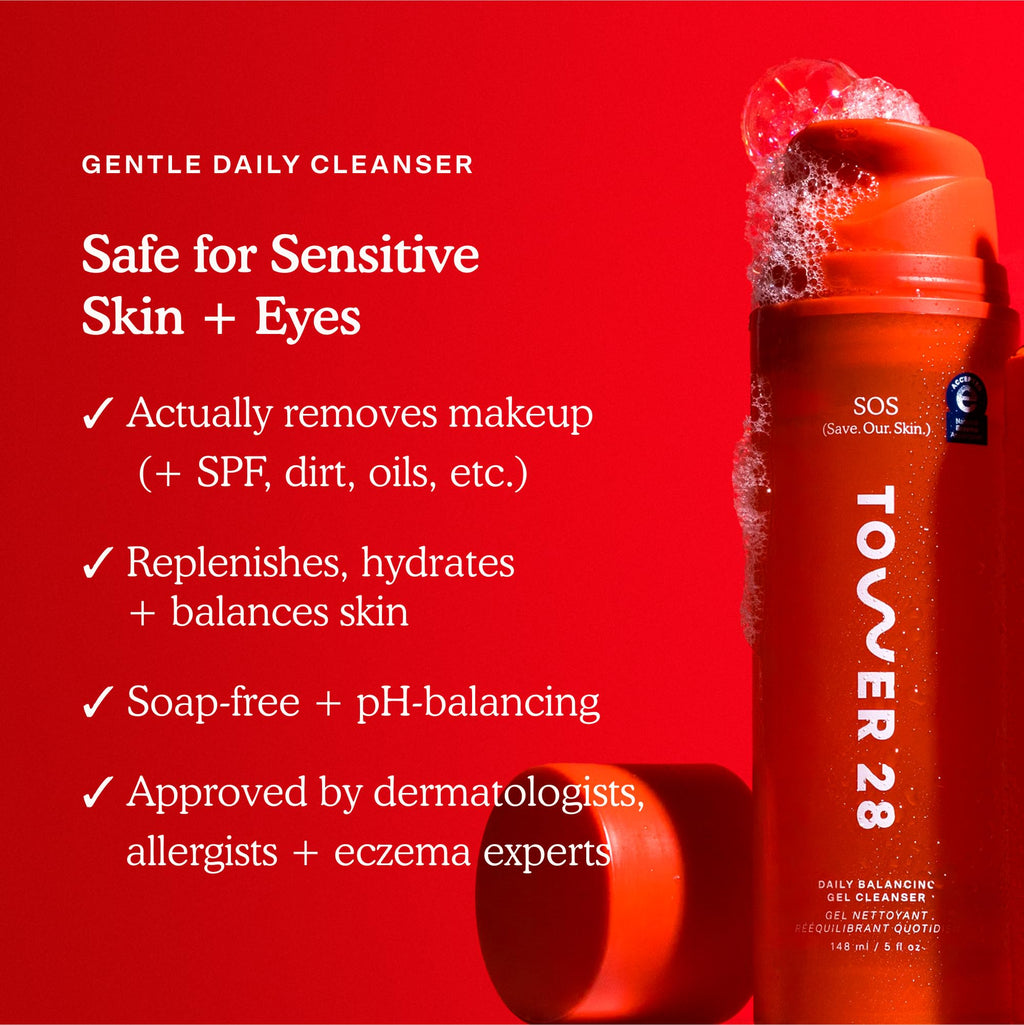Buy now Tower 28 SOS Gel Facial Cleanser - Hydrating Face Wash + Makeup Remover for Sensitive Skin - Soothing + Gentle Face Cleanser with Aloe Vera, Oat Extract + Minerals - Fragrance-Free Skin Care (5 oz) at indiglob india
