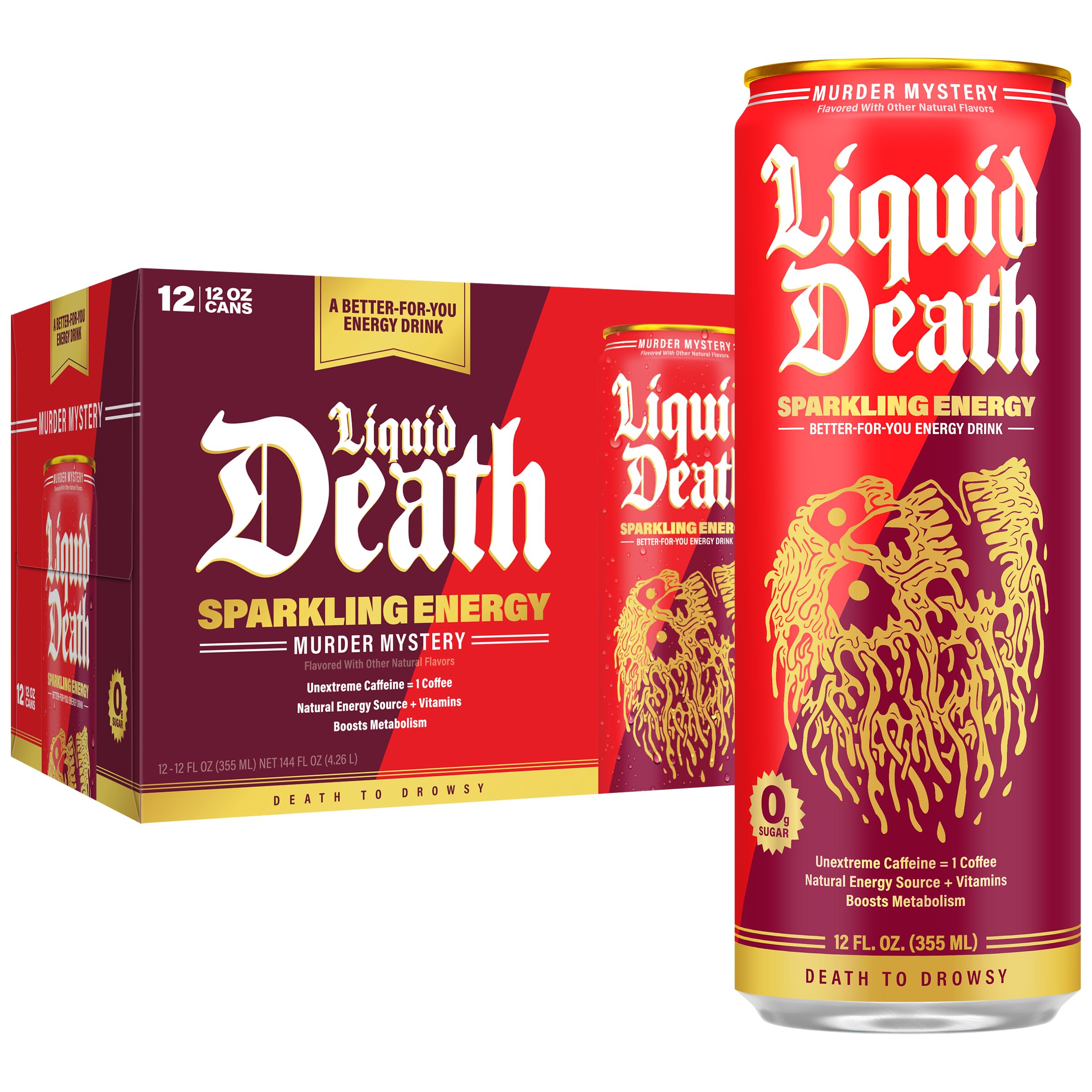 Buy now Liquid Death Sparkling Energy - Tropical Terror (Classic Piña Colada), Zero Sugar Energy Drink, Unextreme Caffeine 100mg, Essential Vitamins, 12 Fl Oz (Pack of 12) Murder Mystery at indiglob india