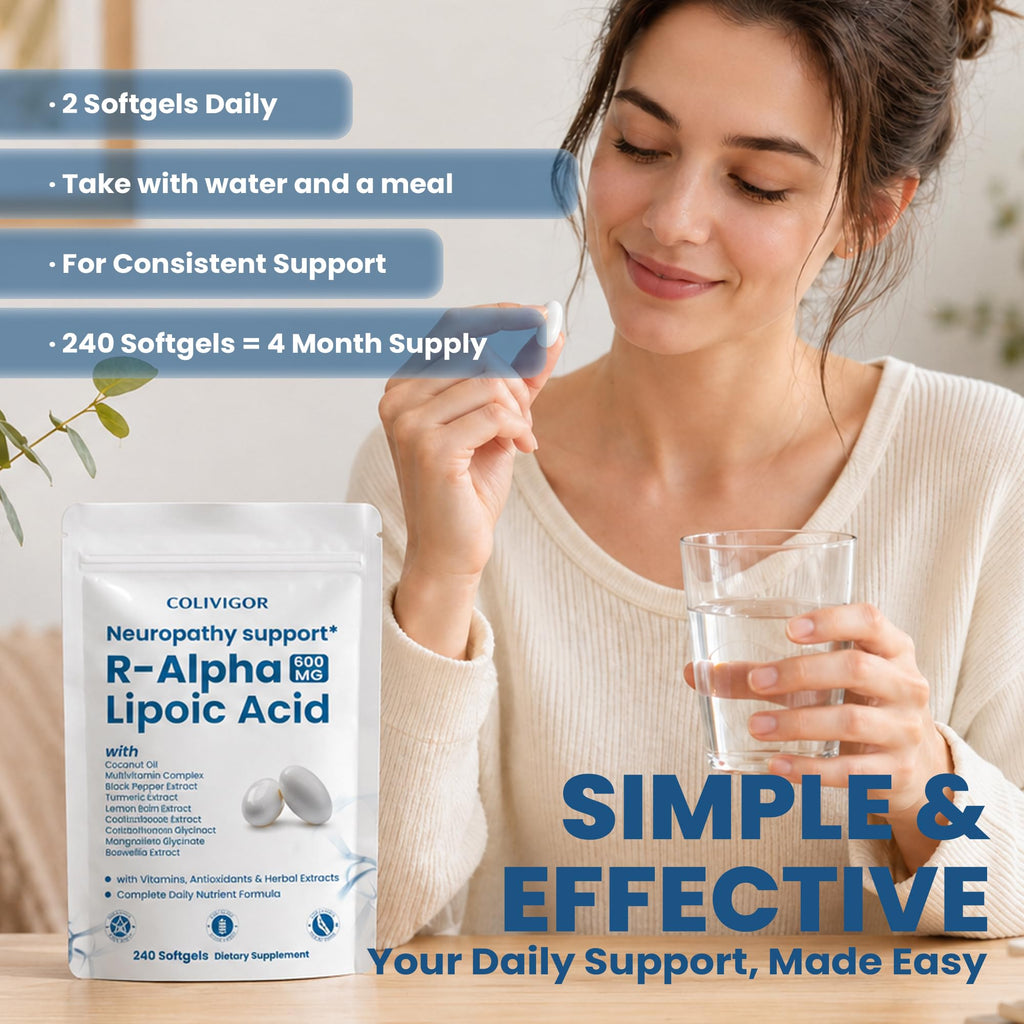 R-Alpha Lipoic Acid 600mg | 240 Softgels | Neuropathy Supplements with Active B-Vitamins, Magnesium Glycinate & Herbal Extract Blend | Support Nervous System Health | Non-GMO, Gluten-Free