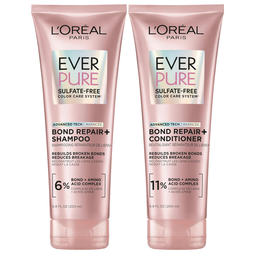 L'Oreal Paris Sulfate Free Bond Repair+ Shampoo and Conditioner Set with Bond + Amino Acid Complex, Strengthens and Repairs Damaged or Color Treated Hair, EverPure, 13.6 Fl Oz Set (Packaging May Vary)