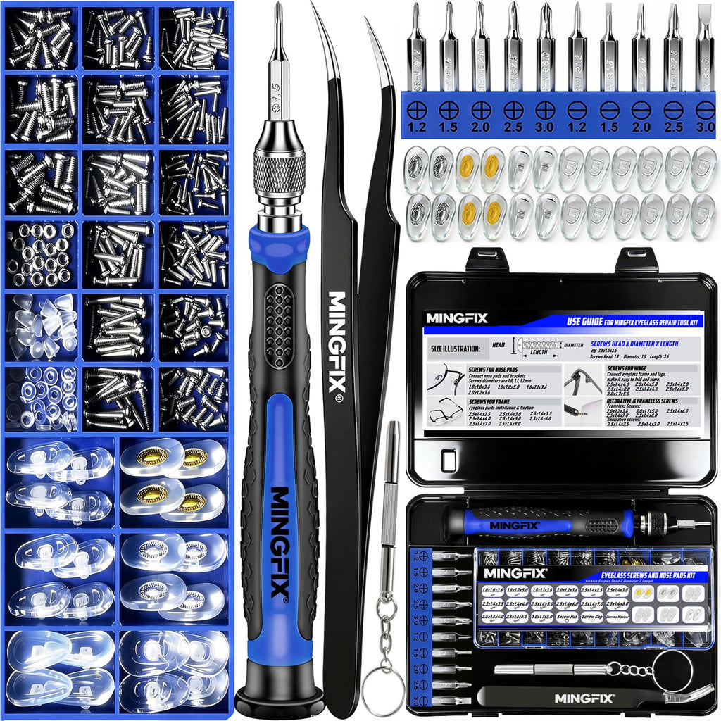 Eyeglass Sunglass Repair Kit,MINGFIX Magnetic Eye Glasses Repairing Tool Kit with Assorted Screws,Nose Pads,Small Screwdriver Bit Set & Tweezer with Mini Travel Case for Glasses,Sunglasses and Others