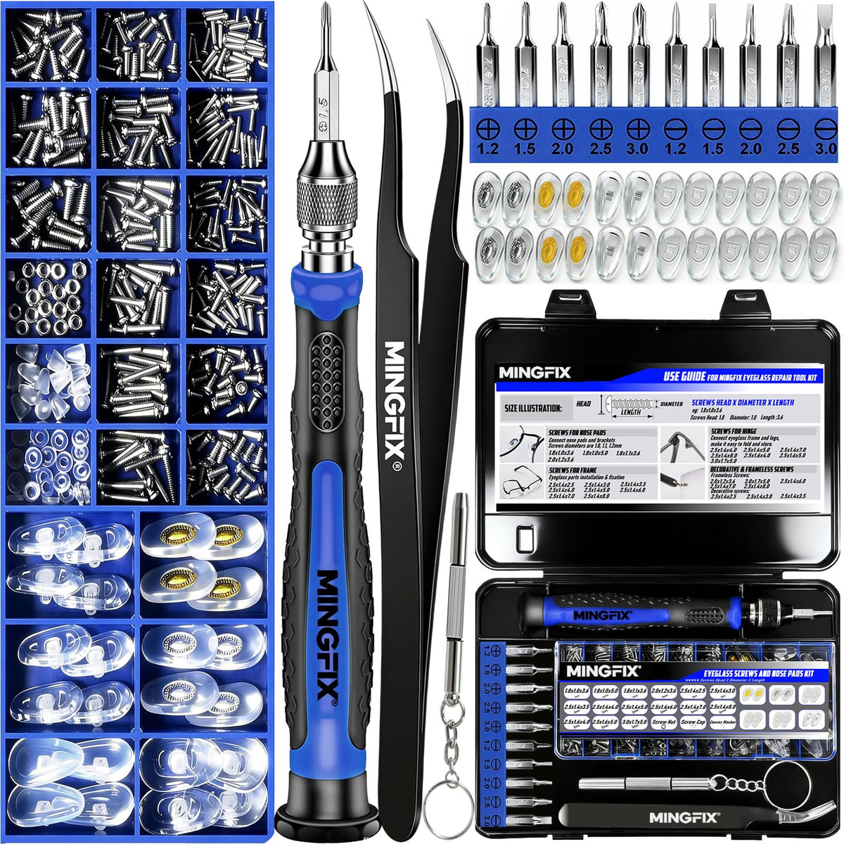 Eyeglass Sunglass Repair Kit,MINGFIX Magnetic Eye Glasses Repairing Tool Kit with Assorted Screws,Nose Pads,Small Screwdriver Bit Set & Tweezer with Mini Travel Case for Glasses,Sunglasses and Others