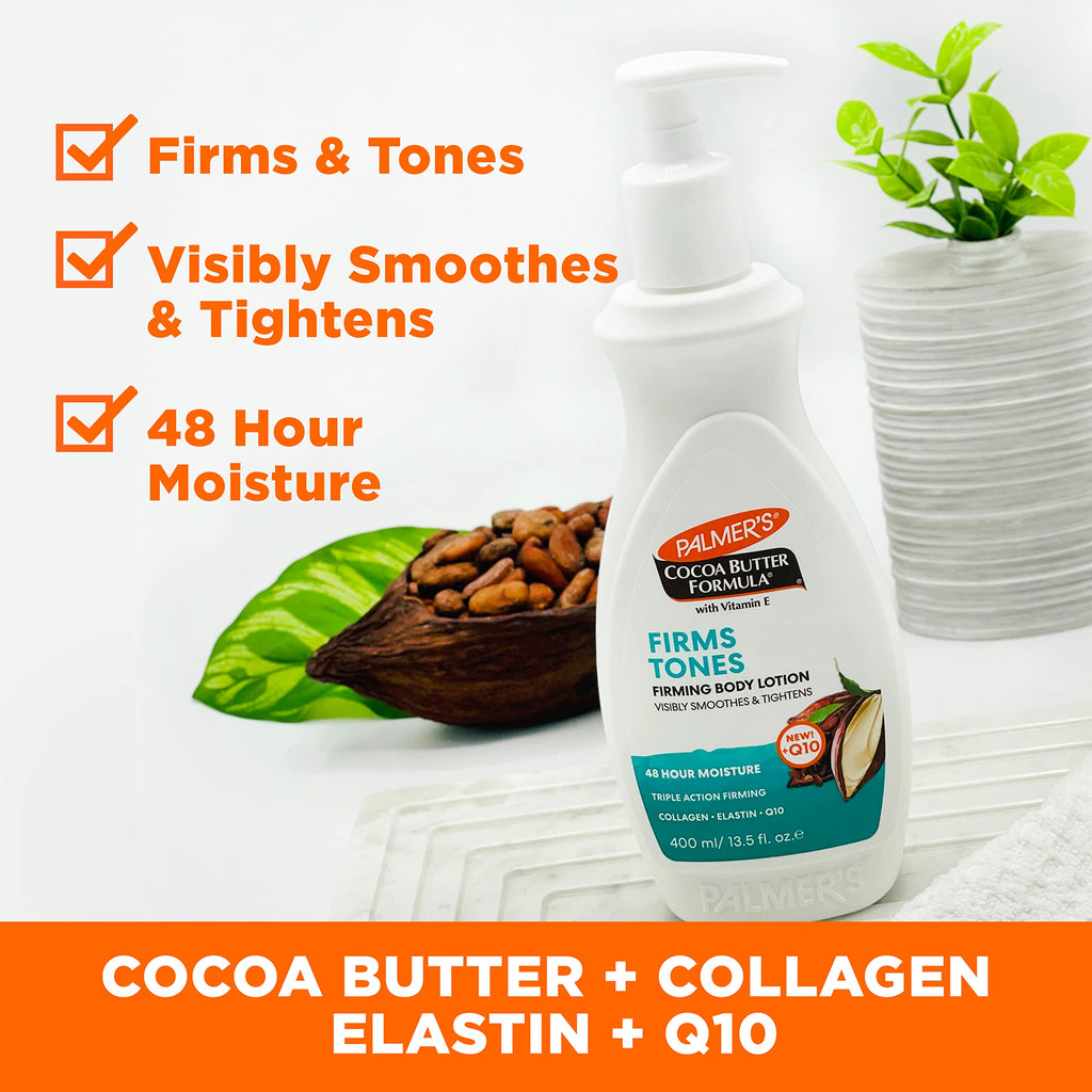 Palmer's Firming Body Lotion, Cocoa Butter Formula, Pump Bottle (13.5 Oz) | Toning & Tightening Cream with Triple Action Firming Q10, Collagen & Elastin for Smoother, Less Dimpled Skin, 48hr Moisture