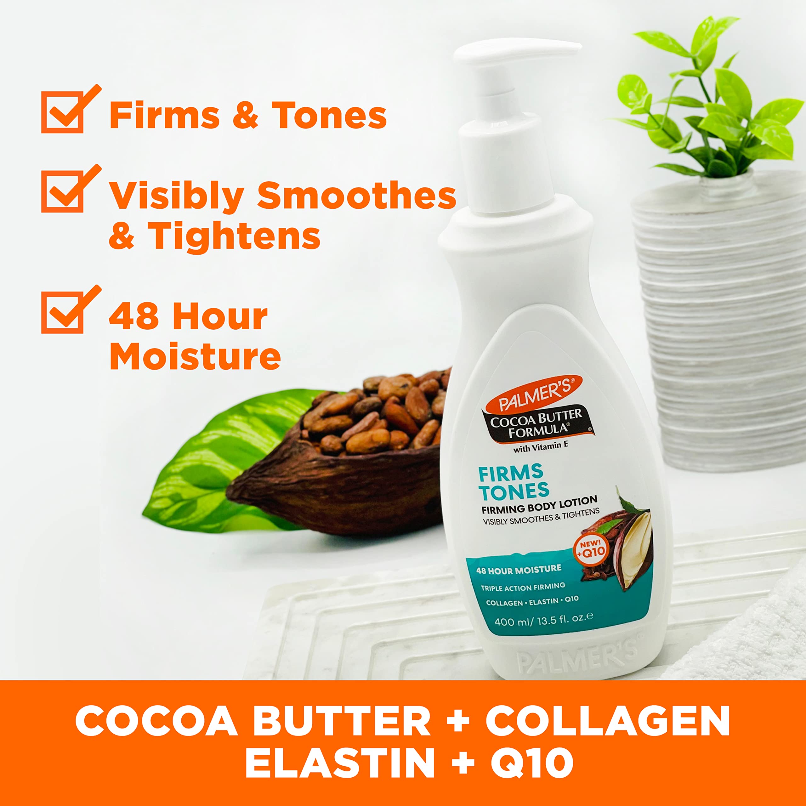Palmer's Firming Body Lotion, Cocoa Butter Formula, Pump Bottle (13.5 Oz) | Toning & Tightening Cream with Triple Action Firming Q10, Collagen & Elastin for Smoother, Less Dimpled Skin, 48hr Moisture
