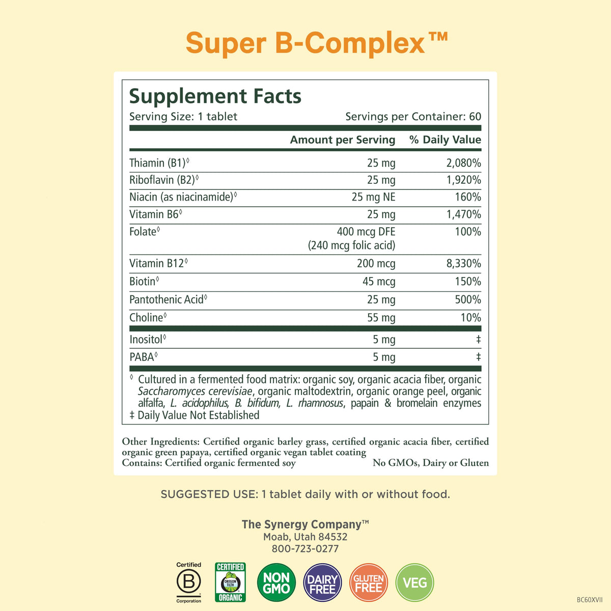 PURE SYNERGY Super B-Complex Vitamin B Complex Supplement (60 Tablets)