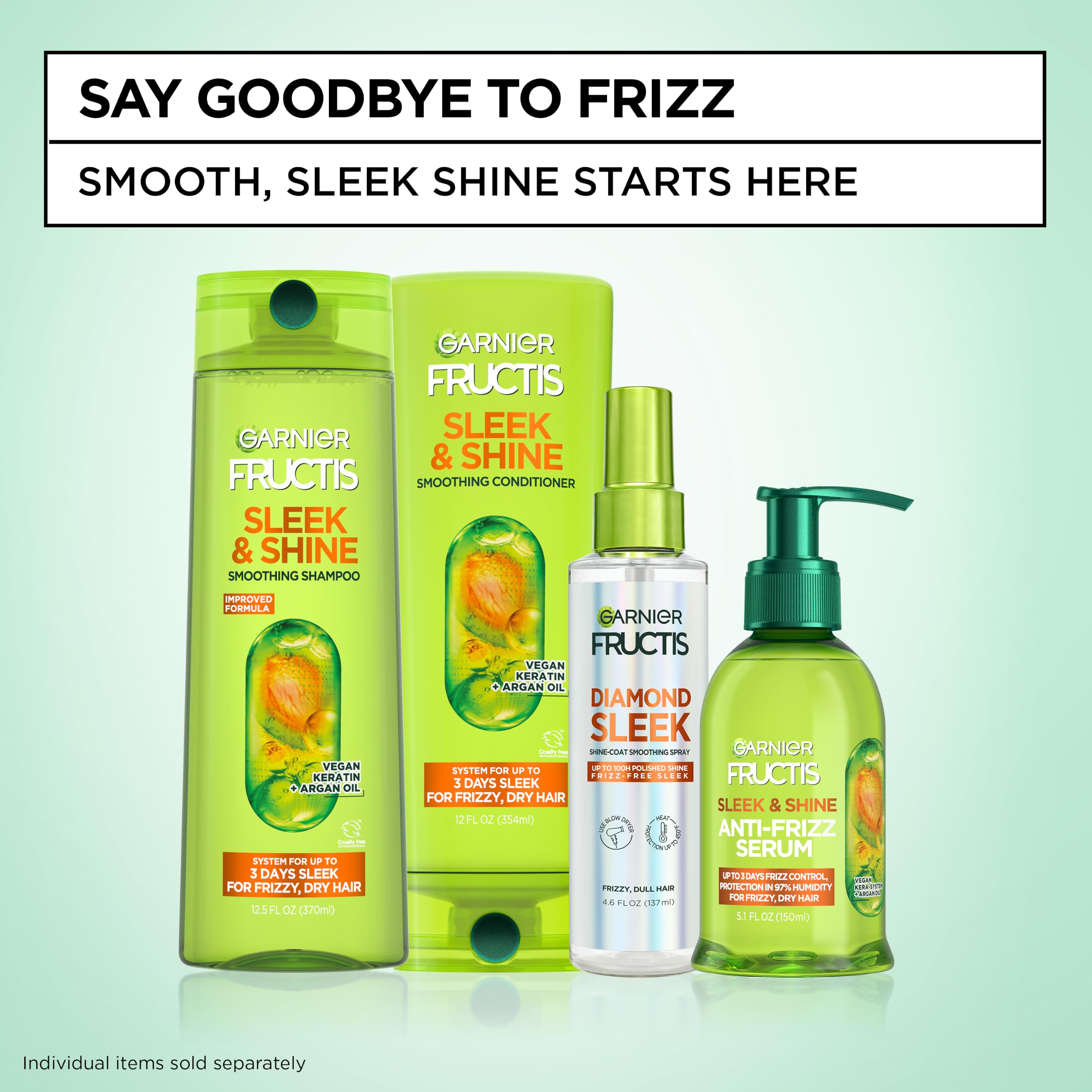 Garnier Fructis Sleek & Shine Shampoo and Conditioner Set for Dry, Frizzy Hair, Up to 72 Hours of Frizz Control, Smooths Flyaways & Boosts Shine, 22 + 21 Fl Oz (Packaging May Vary)