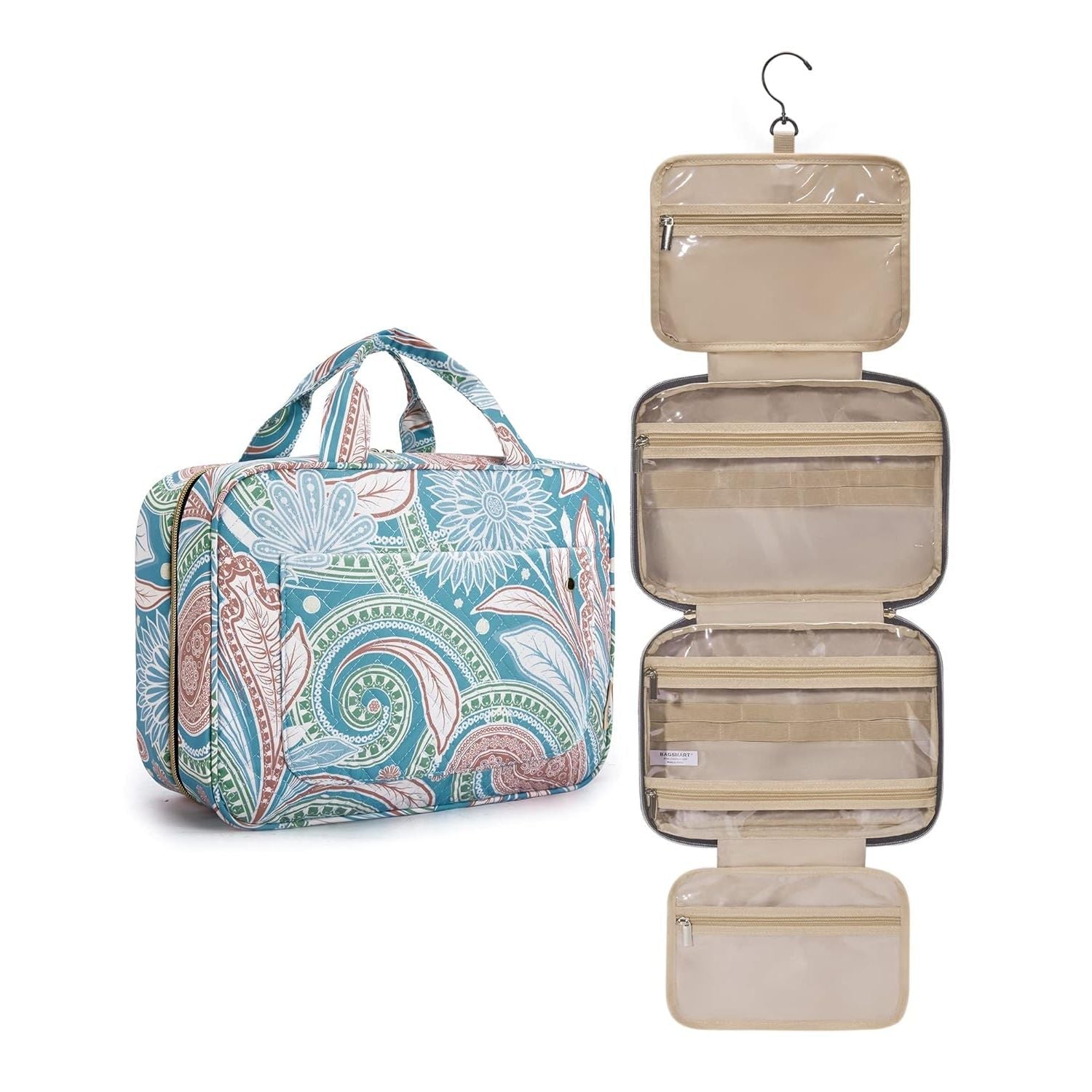 Buy now BAGSMART Toiletry Bag Travel Bag with Hanging Hook, Water-resistant Makeup Cosmetic Bag Travel Organizer for Accessories, Shampoo, Full-size Container, Toiletries (Baby Pink, Medium) Large Green Paisley at indiglob india