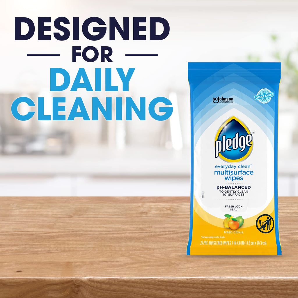 Pledge pH Balanced Multi Surface Cleaning Wipes, Fresh Citrus, 25 Ct, 4 pk