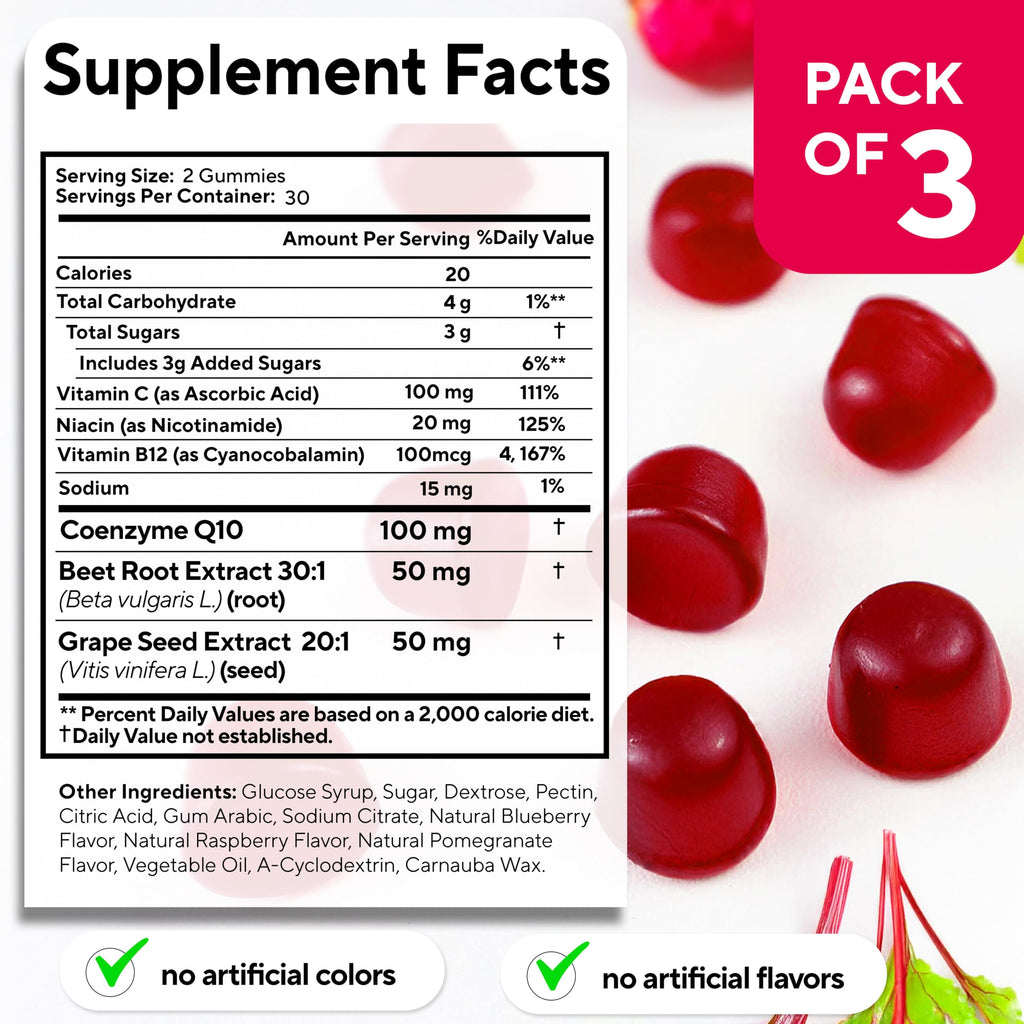 Beet Root Gummies – Beetroot Gummies with CoQ10, Grape Seed, Vitamin C, B12 & B3 – Beets Gummies for Circulation, Energy & Immune Support – 60 Beets Chews – Pack of 3