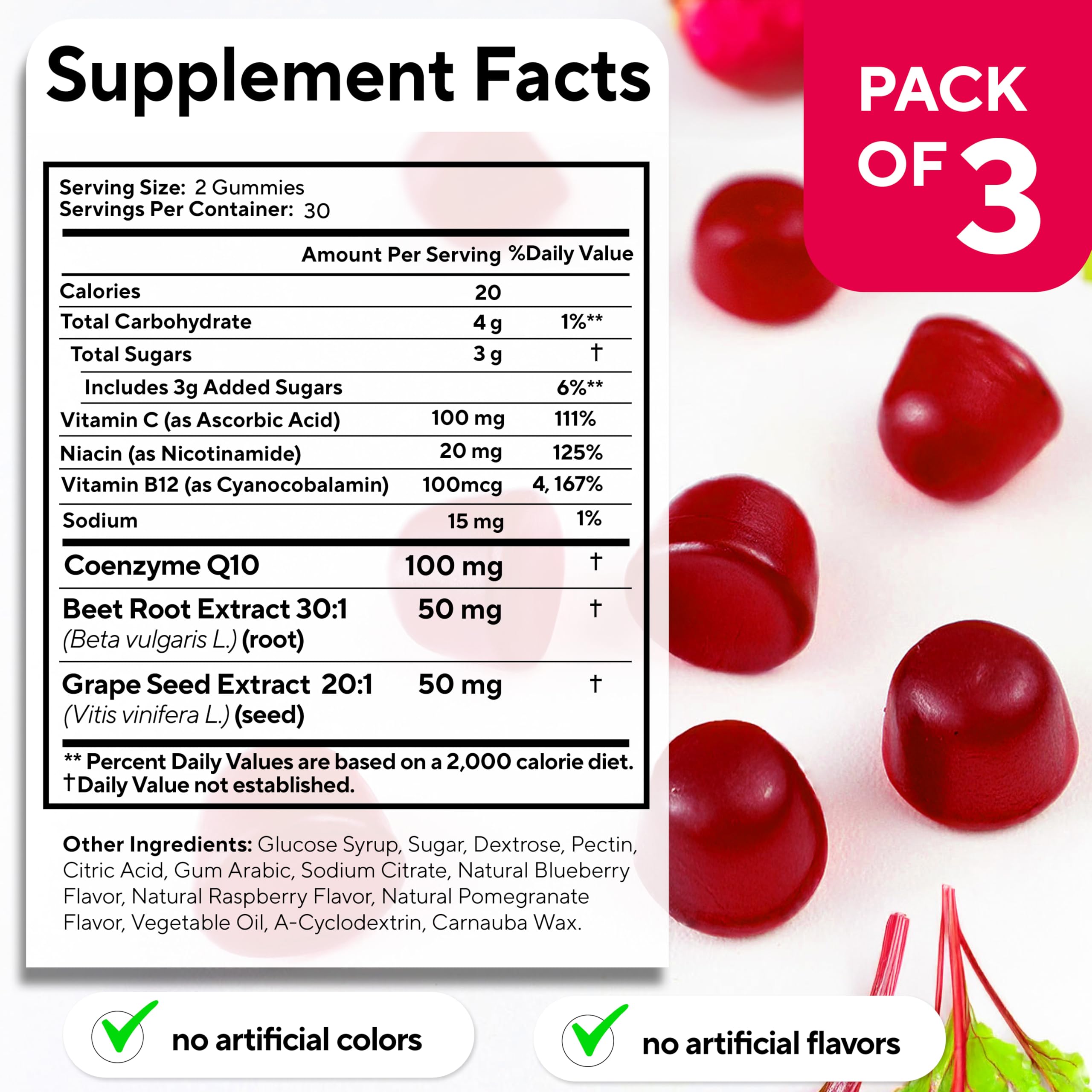 Beet Root Gummies – Beetroot Gummies with CoQ10, Grape Seed, Vitamin C, B12 & B3 – Beets Gummies for Circulation, Energy & Immune Support – 60 Beets Chews – Pack of 3