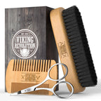 Viking Revolution Beard Comb and Beard Brush Set with Velvet Pouch | Includes Natural Boar Bristle Brush & Dual Action Pear Wood Comb - Velvet Travel Pouch Included - For Beards & Mustaches