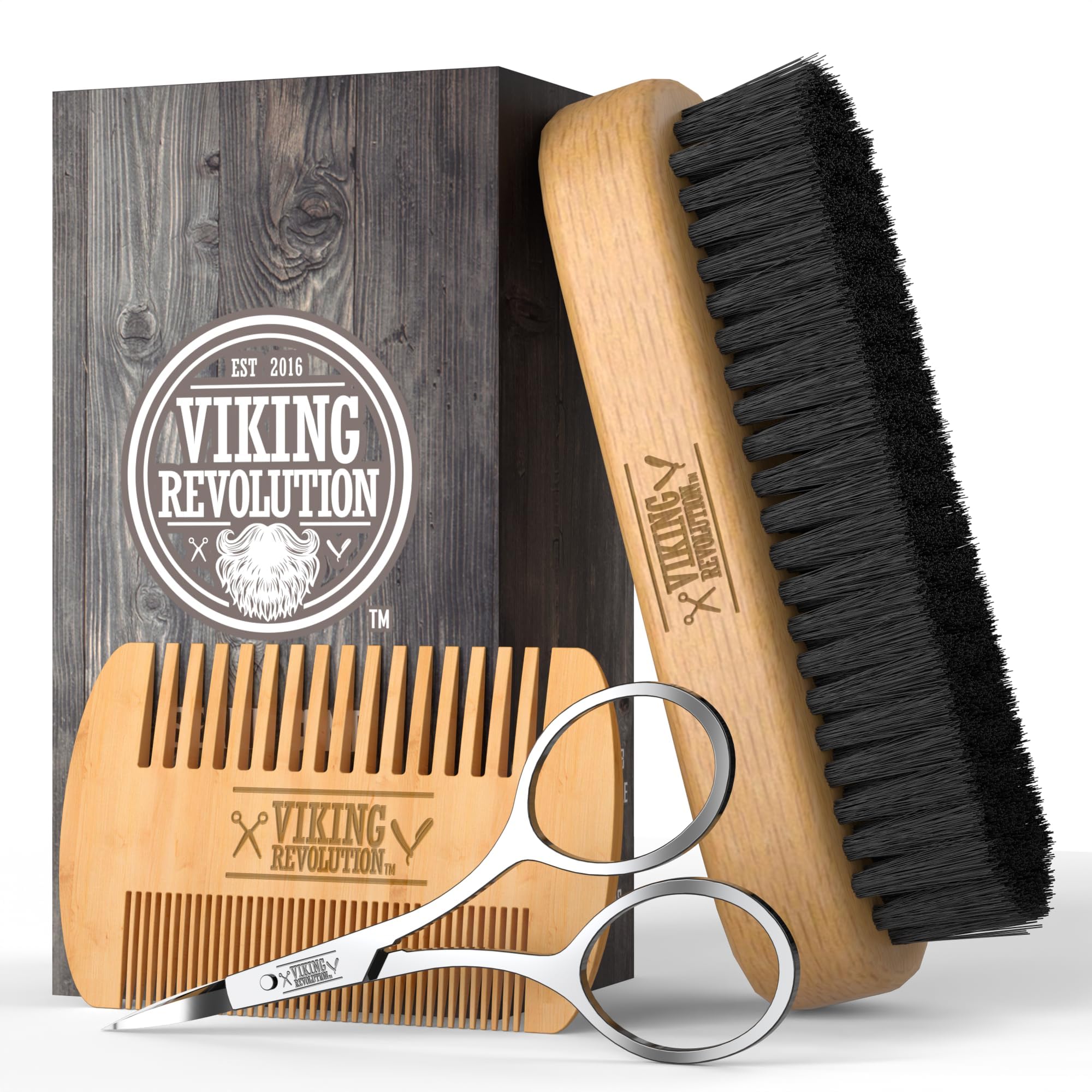 Viking Revolution Beard Comb and Beard Brush Set with Velvet Pouch | Includes Natural Boar Bristle Brush & Dual Action Pear Wood Comb - Velvet Travel Pouch Included - For Beards & Mustaches