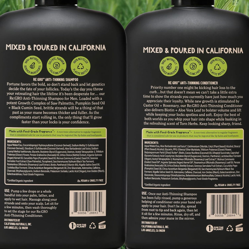 California Naturals Re:GRO Anti-Thinning Shampoo & Conditioner Set for Men, Biotin, Caffeine & Rosemary Oil, Hair Loss & Thinning Hair Support, Sulfate Free, 20 oz