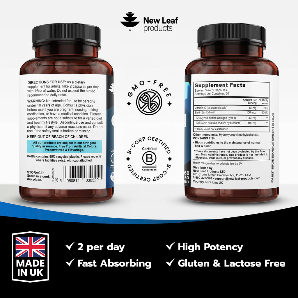 Pure Marine Collagen Supplements for Women & Men - with Hyaluronic Acid, Vitamin C & Biotin - Collagen Peptides Hydrolyzed Collagen for Hair Skin & Nails - 60 Capsules by New Leaf UK Made