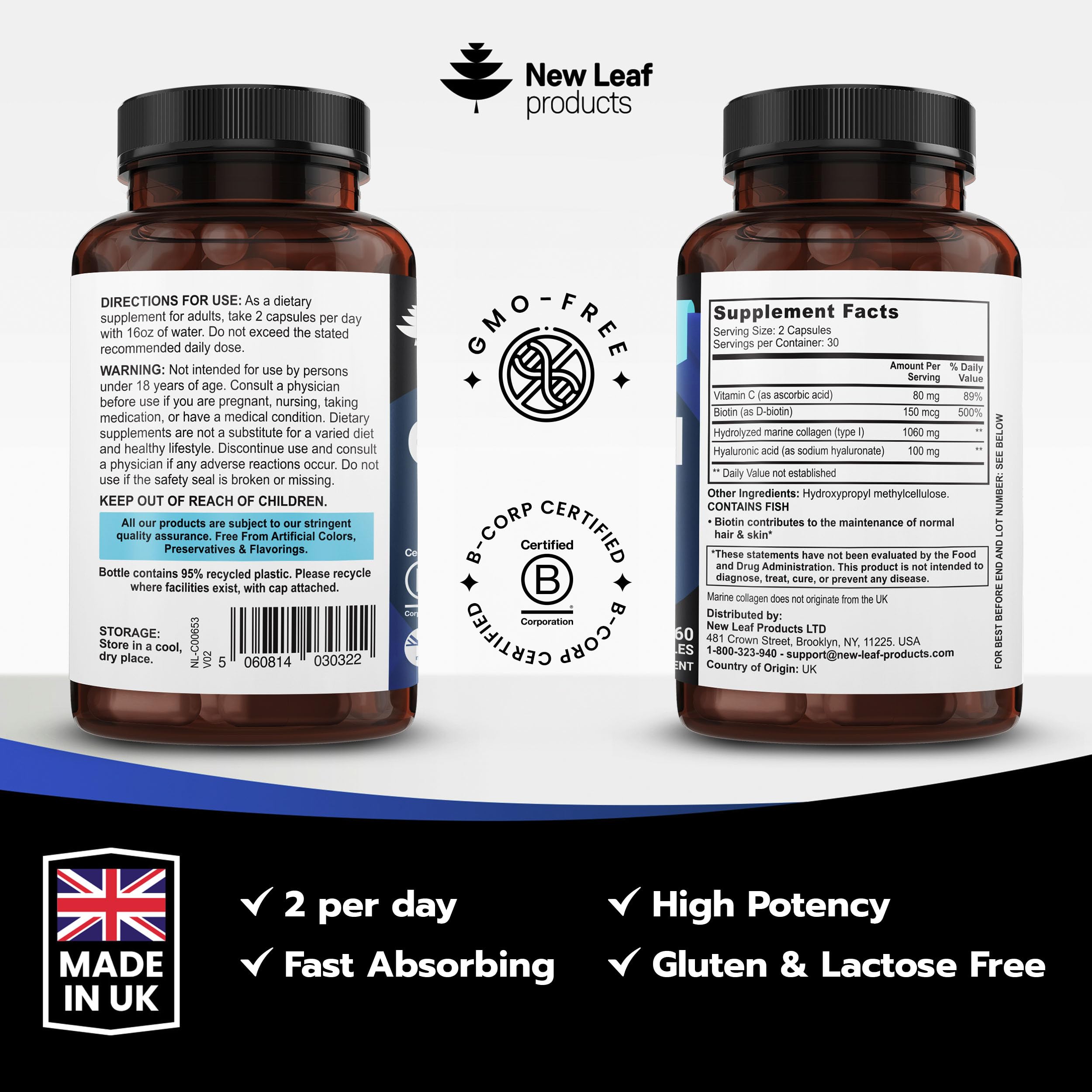 Pure Marine Collagen Supplements for Women & Men - with Hyaluronic Acid, Vitamin C & Biotin - Collagen Peptides Hydrolyzed Collagen for Hair Skin & Nails - 60 Capsules by New Leaf UK Made
