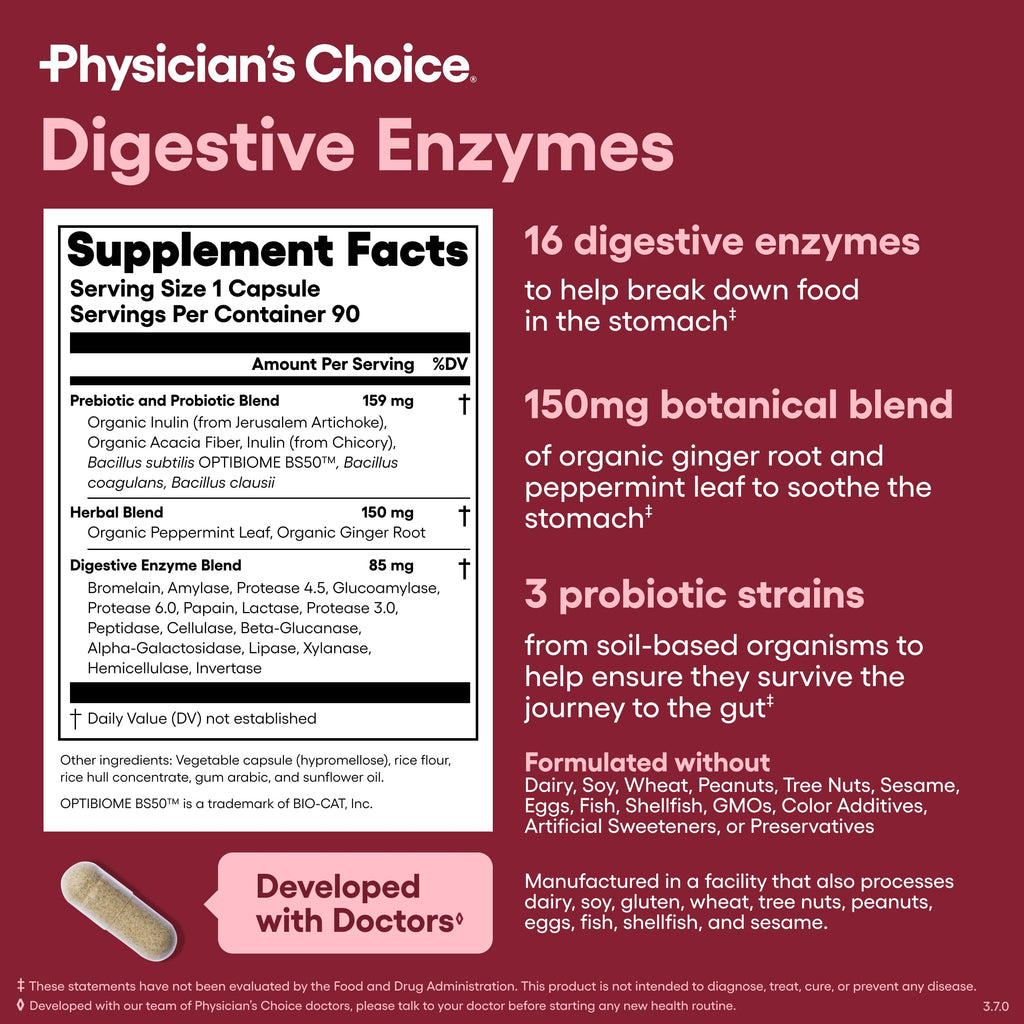 Physician's CHOICE Digestive Enzymes for Bloating & Digestion - Fast-Acting 16 Enzyme Formula with Organic Prebiotics & Probiotics for Gut & Digestive Health - Meal Time Discomfort Relief - 90 CT